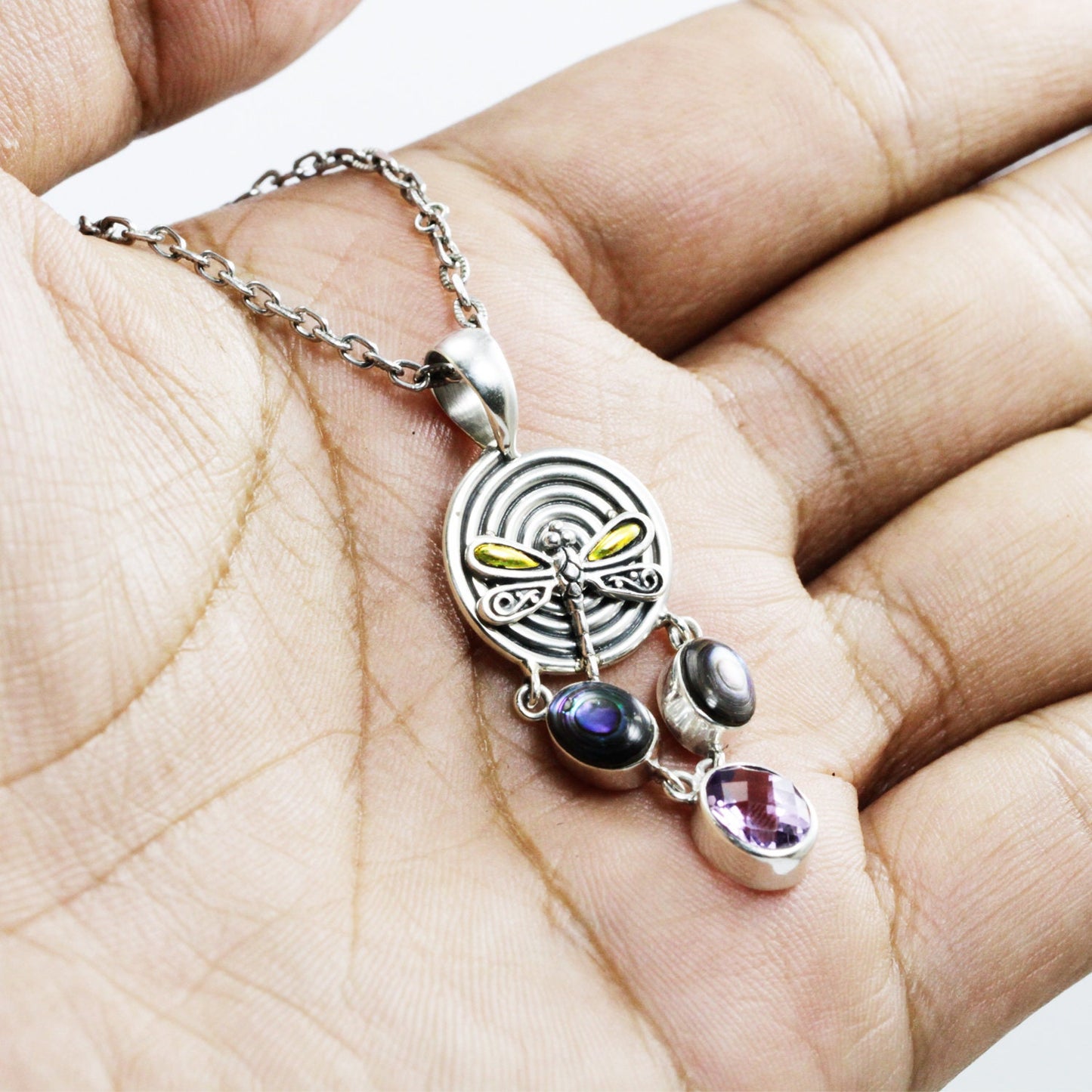 Amethyst Pendant Necklace 925 sterling silver decorated with 18K yellow gold dragonfly and genuine abalone shell,
