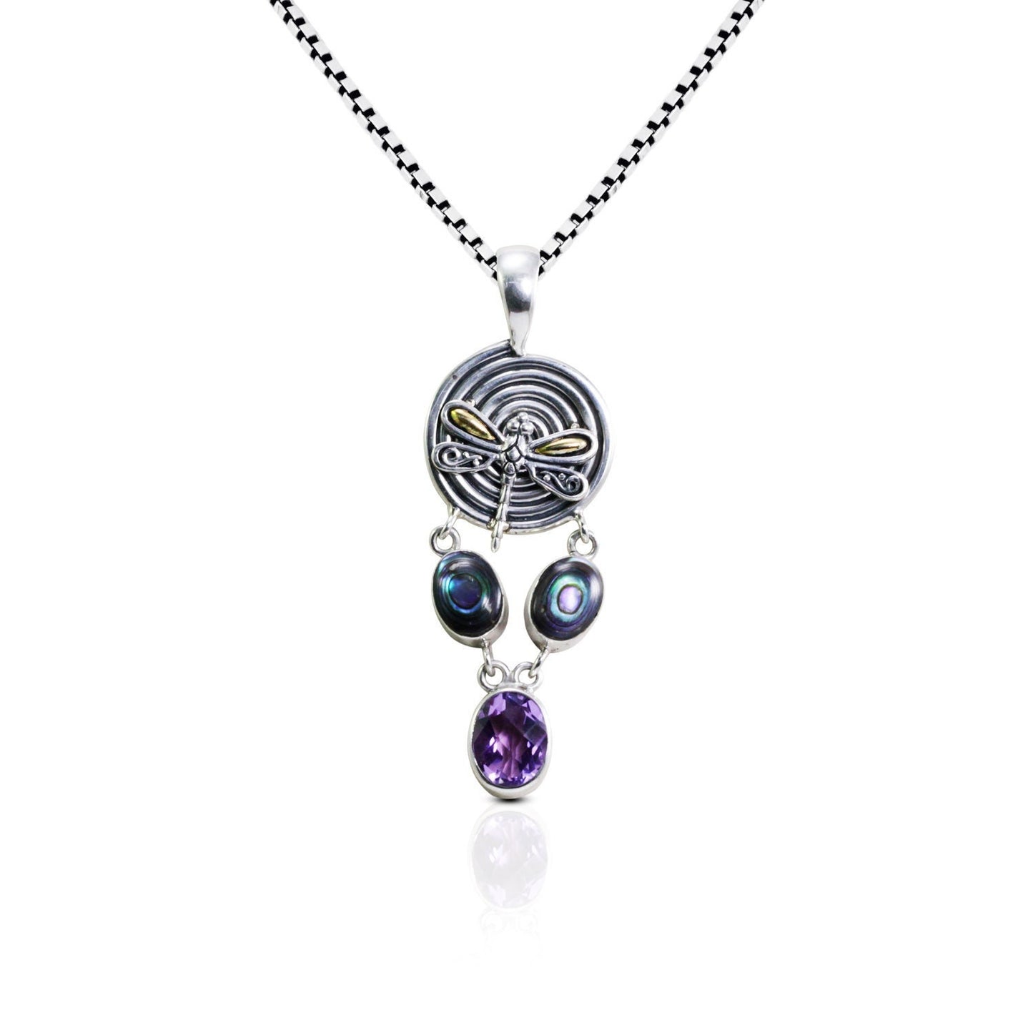 Amethyst Pendant Necklace 925 sterling silver decorated with 18K yellow gold dragonfly and genuine abalone shell,