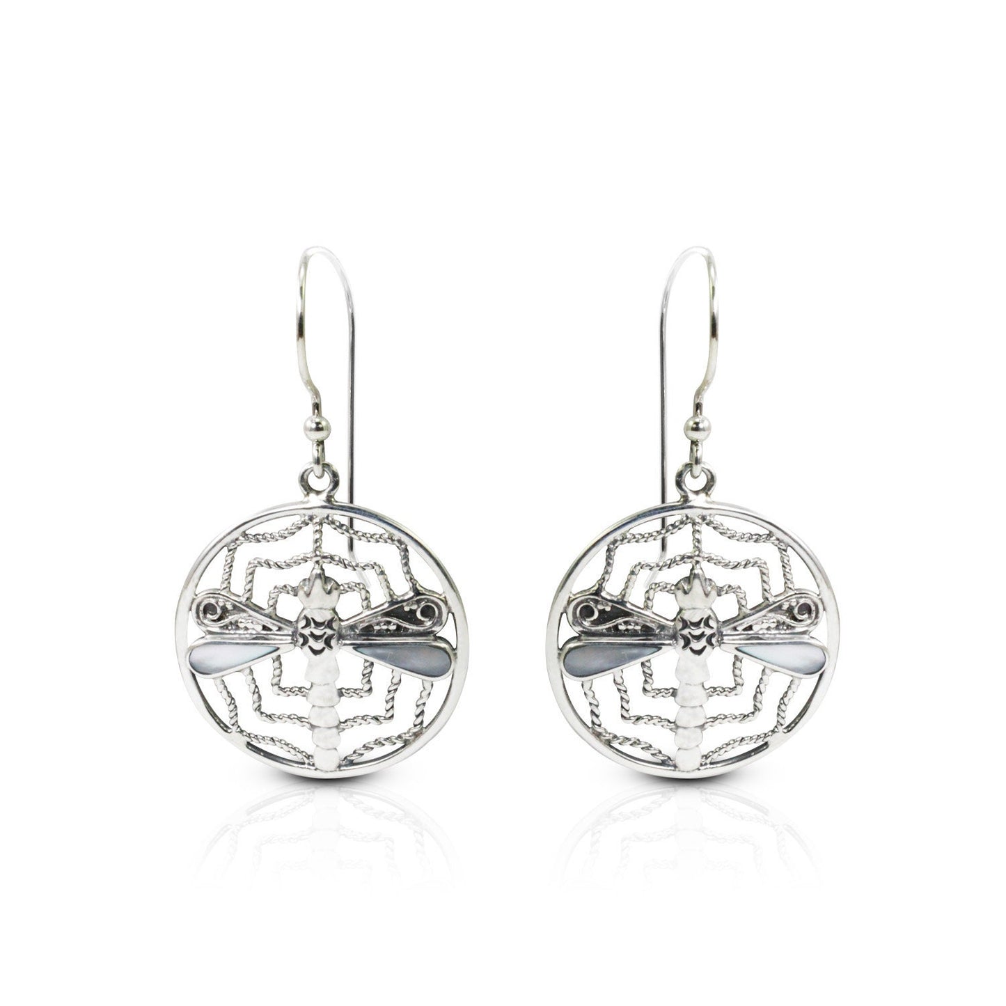 spider web earrings 925 sterling silver decorated with dragonfly ornament and white shell