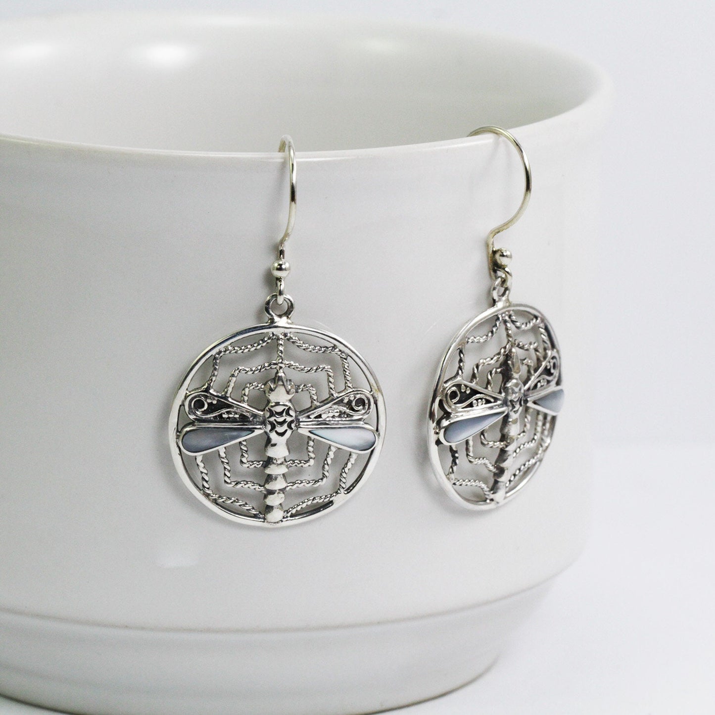 spider web earrings 925 sterling silver decorated with dragonfly ornament and white shell