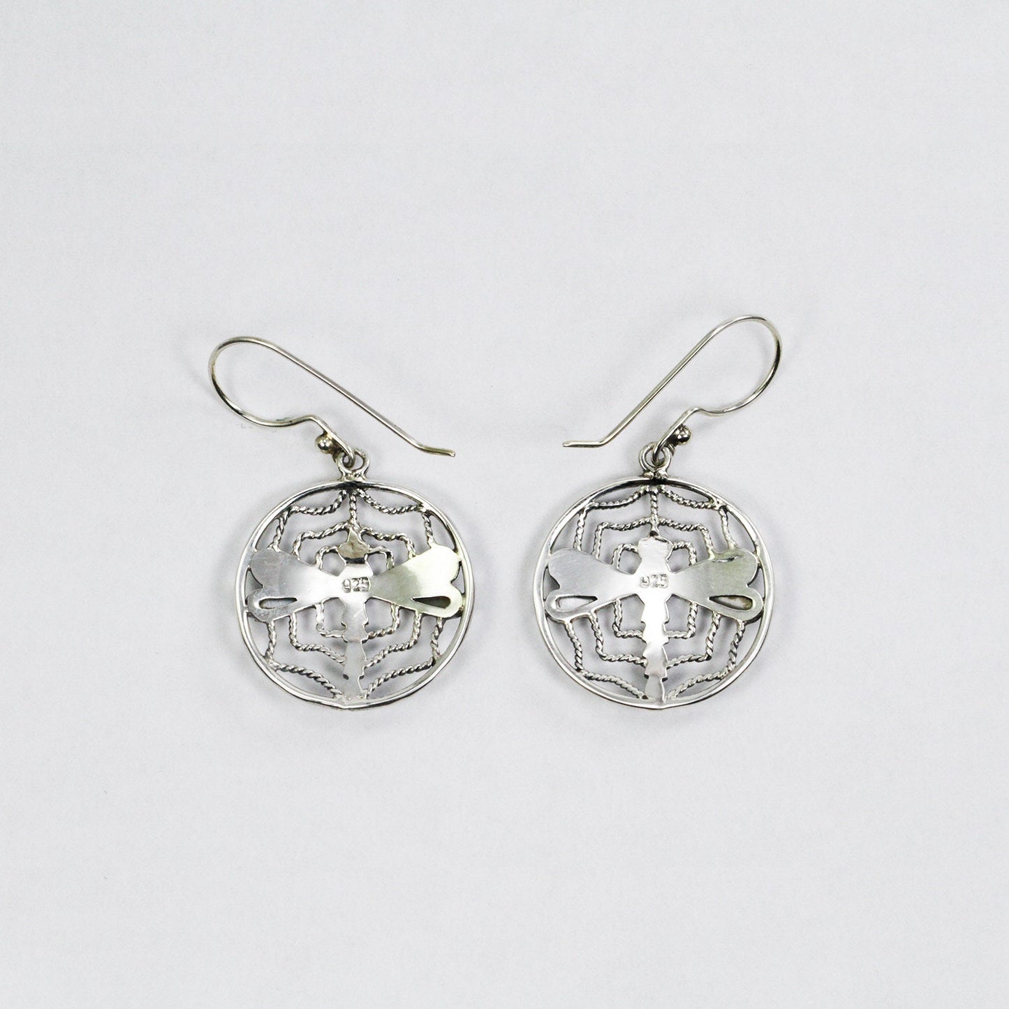 spider web earrings 925 sterling silver decorated with dragonfly ornament and white shell