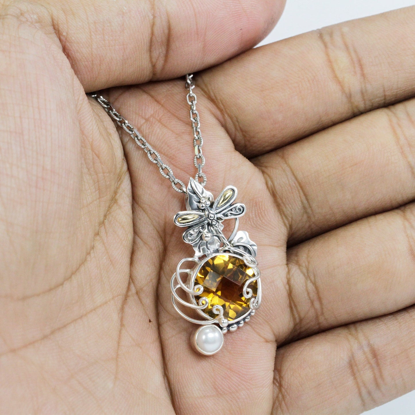 citrine necklace pendant dangle set in 925 sterling silver decorated with dragonfly and 18K yellow gold