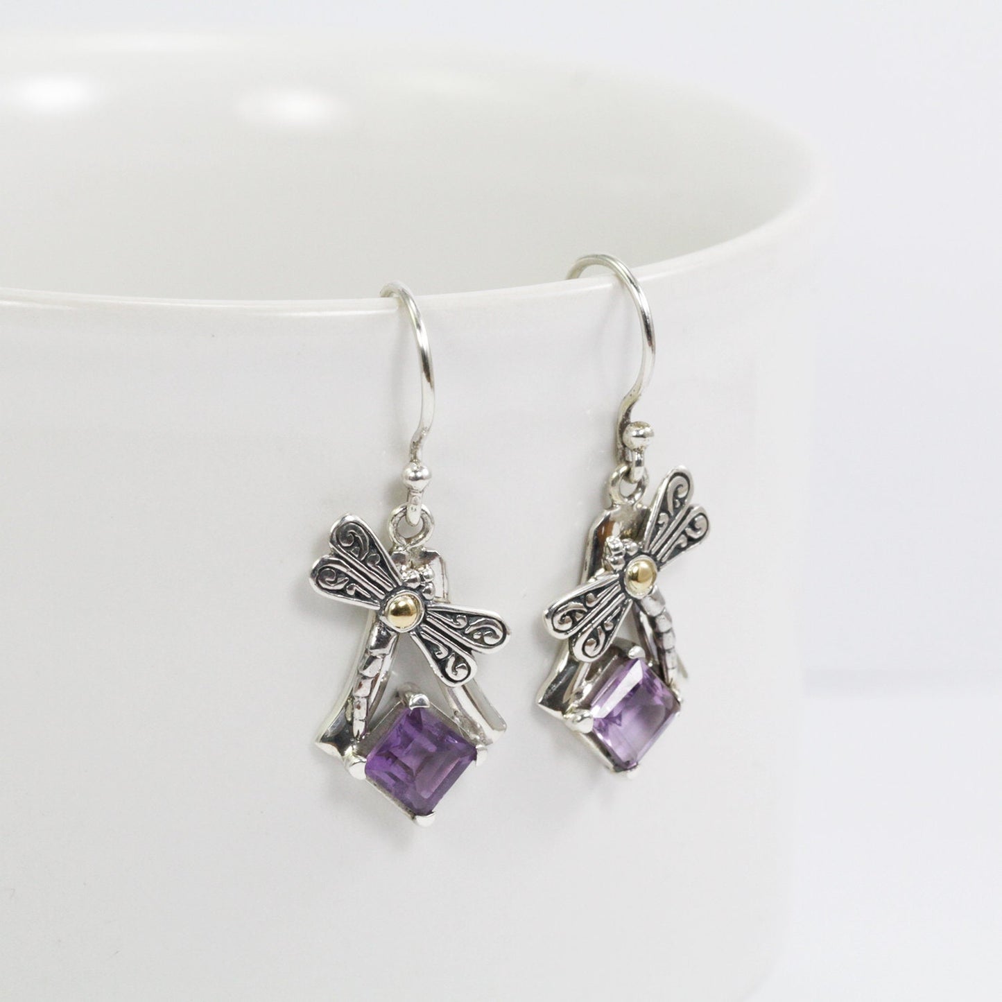 square amethyst earrings dangle drop 925 sterling silver decorated with 18K yellow gold dragonfly ornament