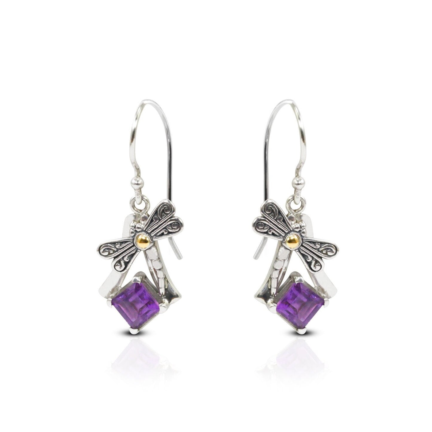 square amethyst earrings dangle drop 925 sterling silver decorated with 18K yellow gold dragonfly ornament