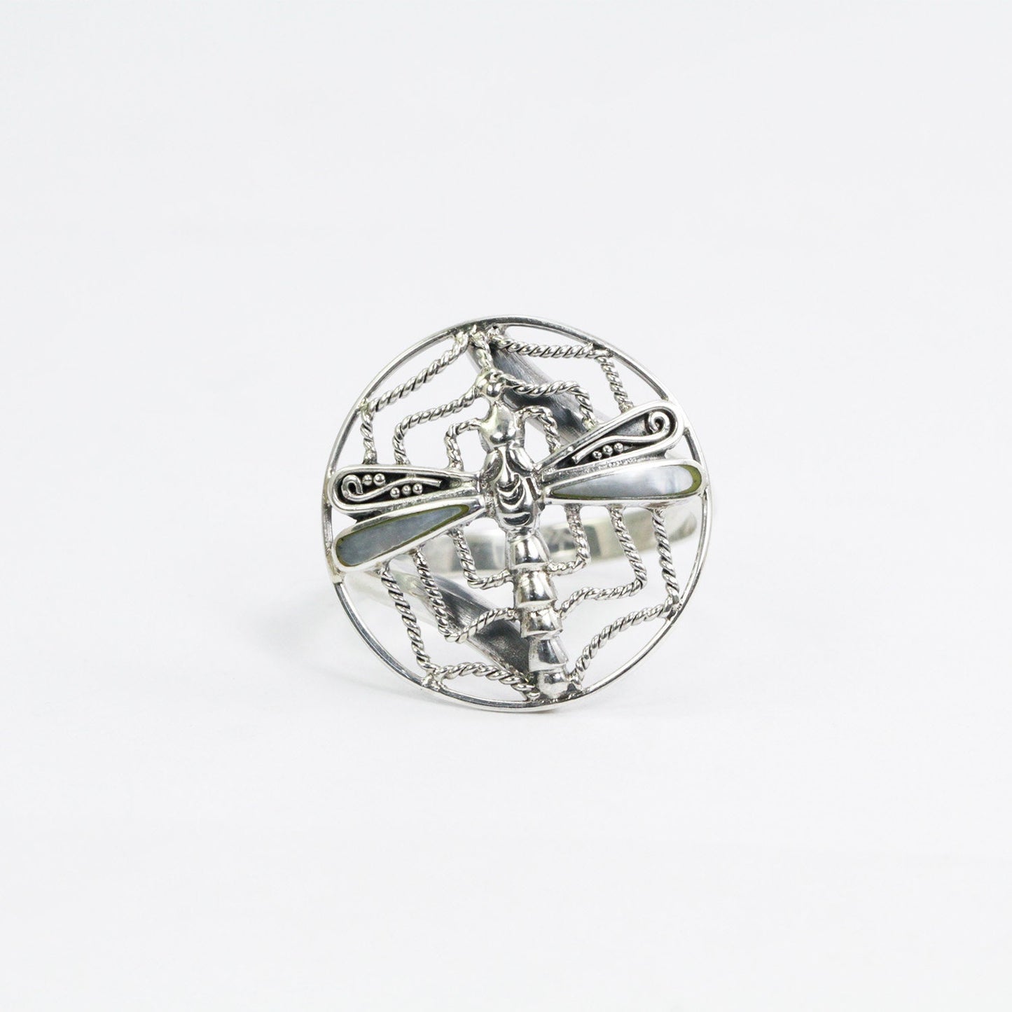 Spiderweb ring 925 sterling silver decorated with dragonfly ornament and white shell