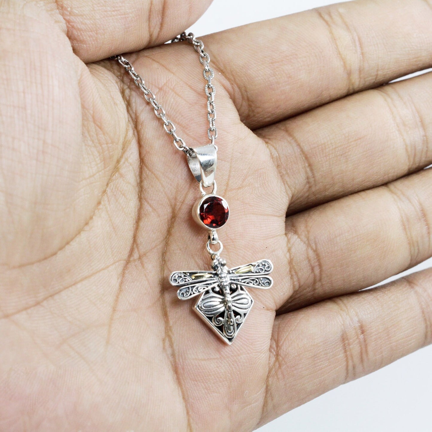 Dragonfly pendant 925 sterling silver and 18K yellow gold with genuine red garnet decorated with filigree ornament