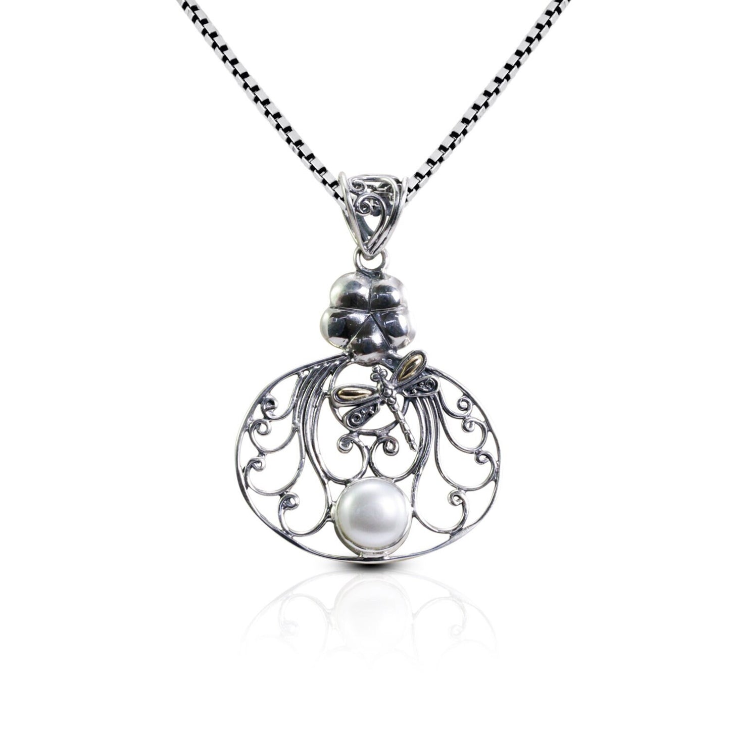 flower pendant necklace 925 sterling silver and 18K yellow gold decorated with fresh water pearl