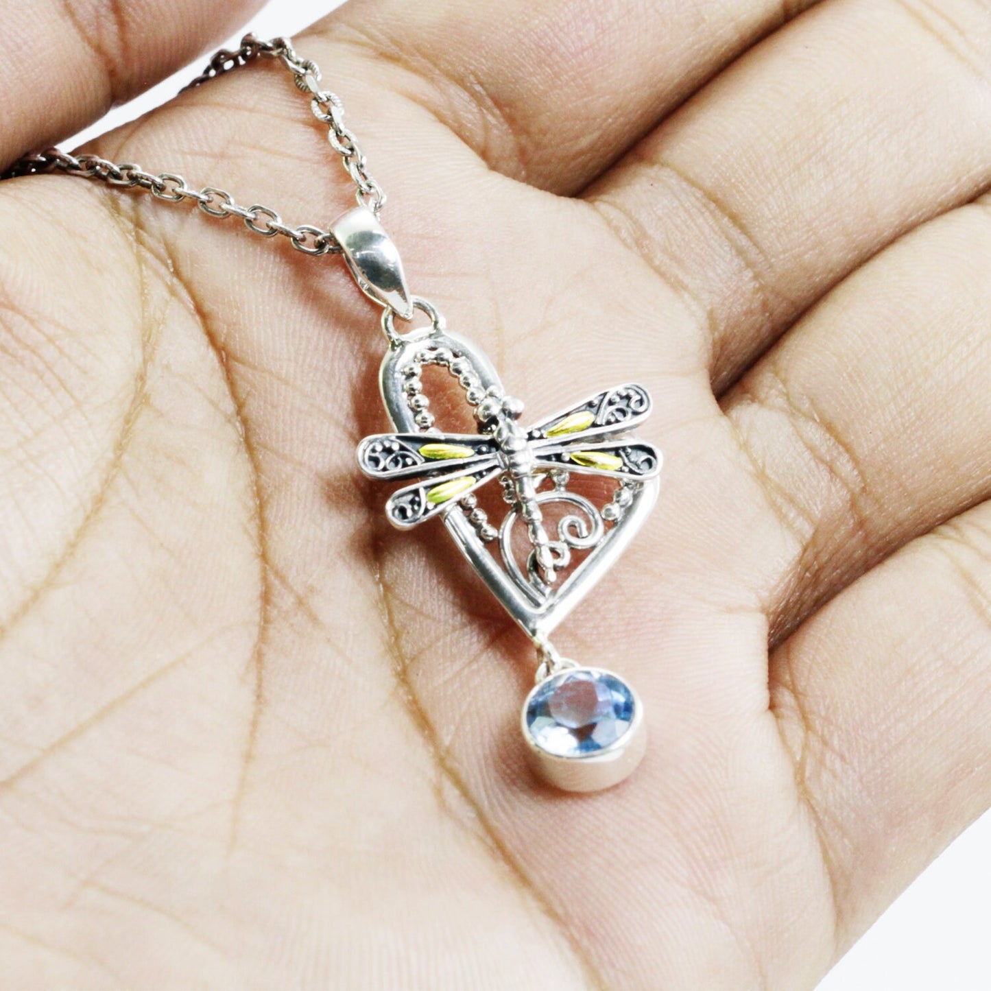 Dragonfly pendant necklace 925 sterling silver and 18K yellow gold and genuine blue topaz decorated with filigree ornament