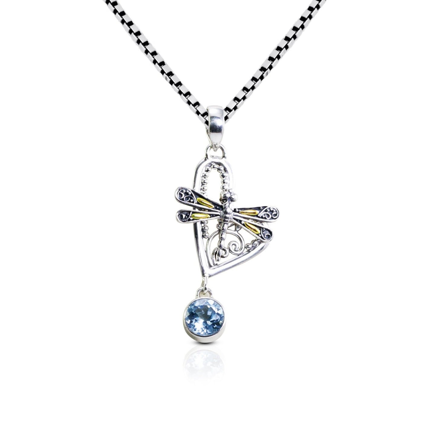 Dragonfly pendant necklace 925 sterling silver and 18K yellow gold and genuine blue topaz decorated with filigree ornament