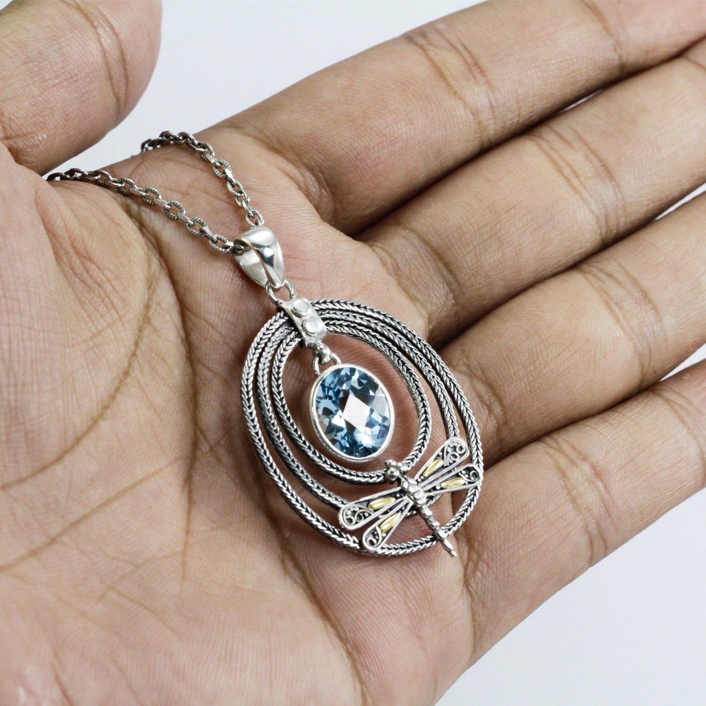 Blue topaz pendant necklace 925 sterling silver and 18K yellow gold dragonfly decorated with foxtail chain