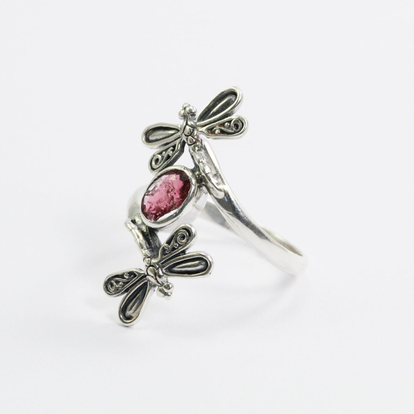 bypass ring 925 sterling silver with tourmaline and filigree dragonfly