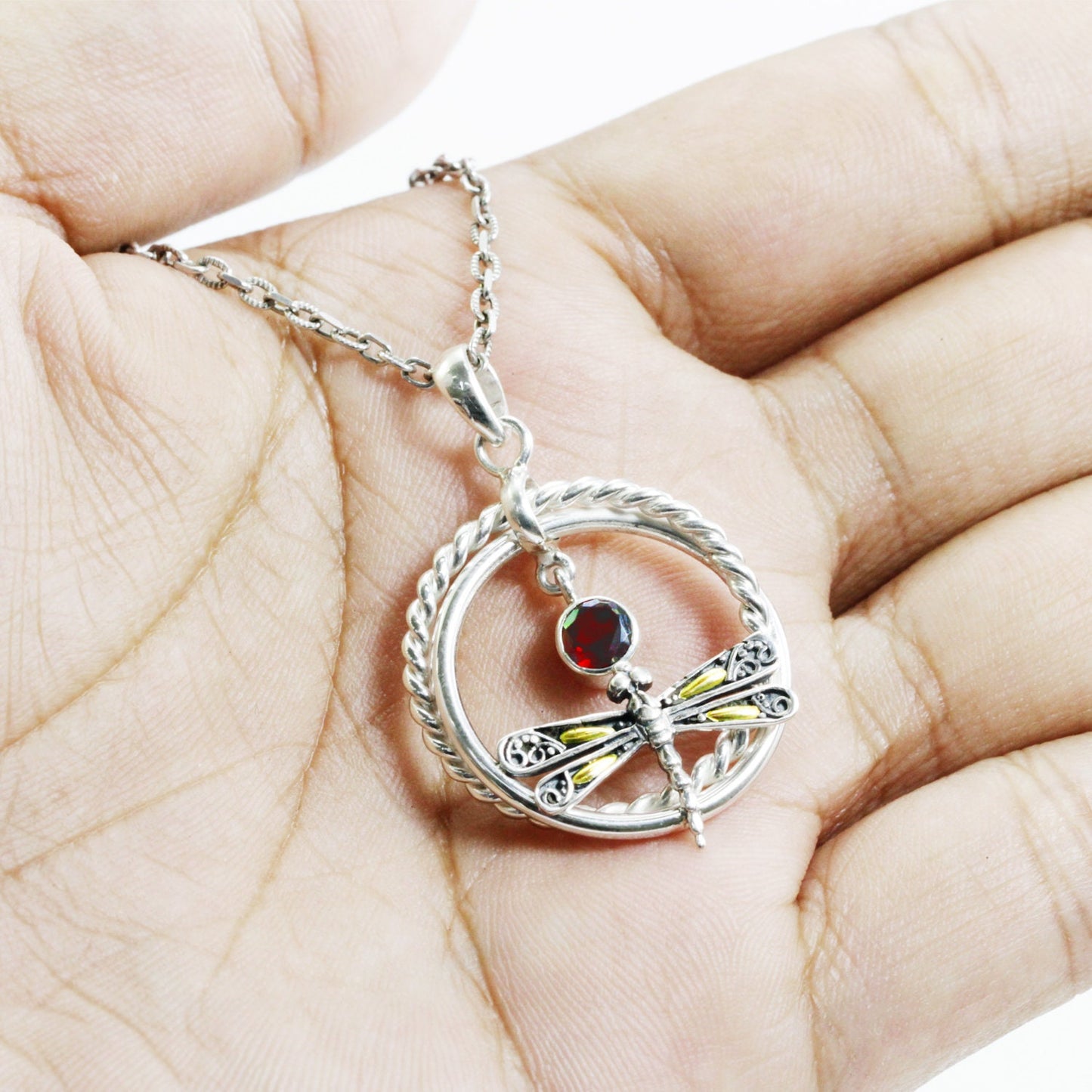 circle pendant 925 sterling silver and 18K yellow gold dragonfly with genuine red garnet