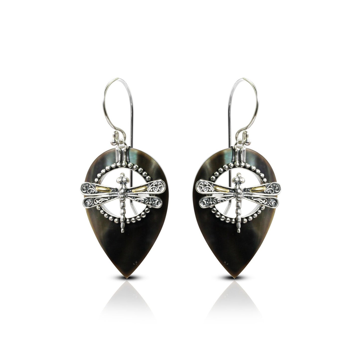 pear shape earrings dangle drop 925 sterling silver and 18K yellow gold with black shell