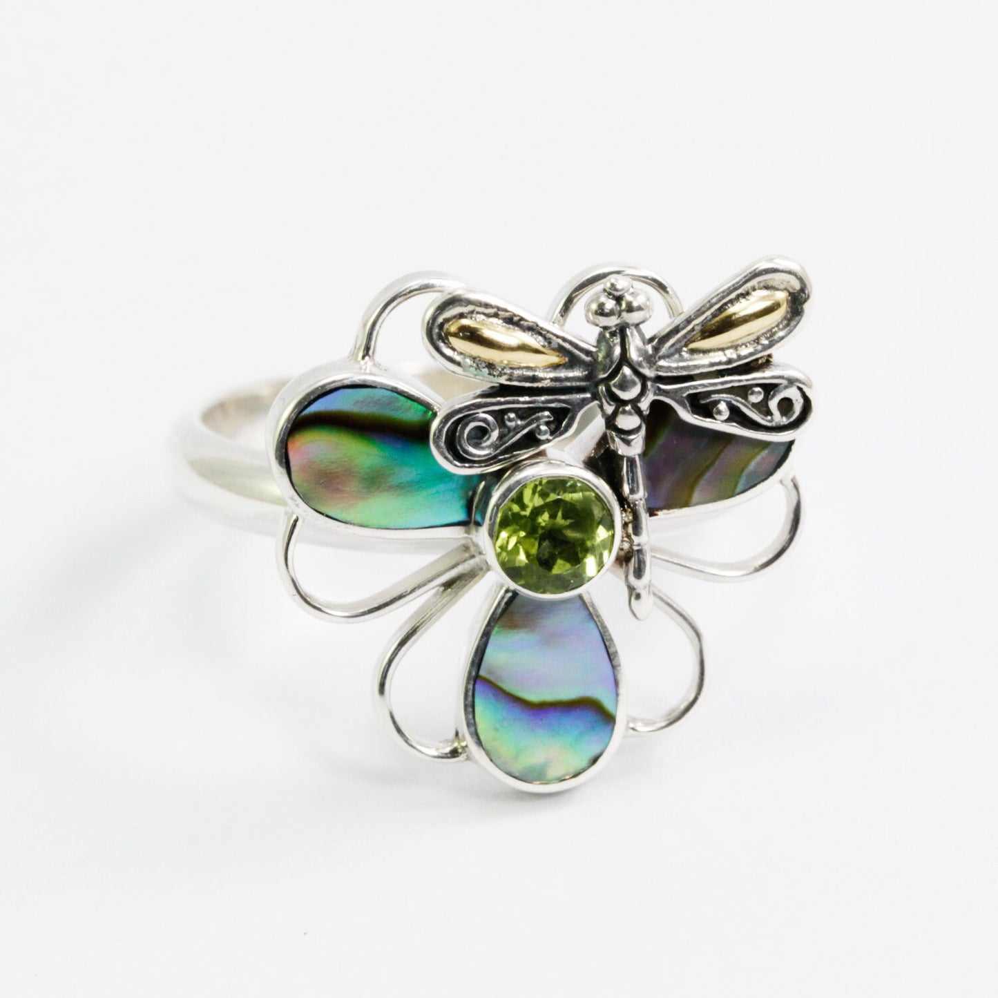 clover ring 925 sterling silver with 18K yellow gold dragonfly ornament, genuine peridot and abalone shell