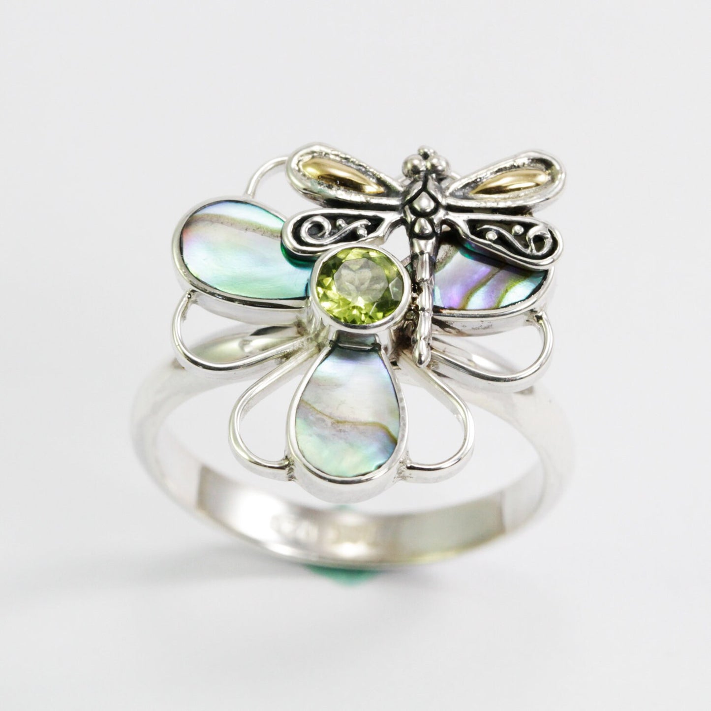 clover ring 925 sterling silver with 18K yellow gold dragonfly ornament, genuine peridot and abalone shell