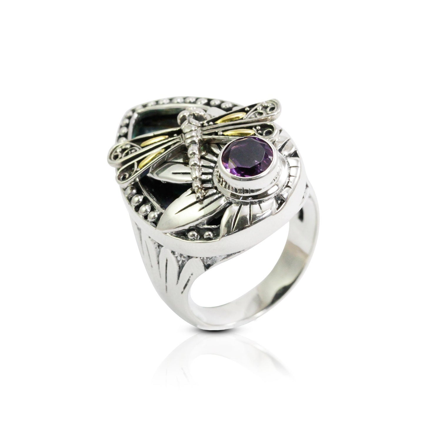 flower ring 925 sterling silver with 18K dragonfly ornament, genuine amethyst and abalone shell