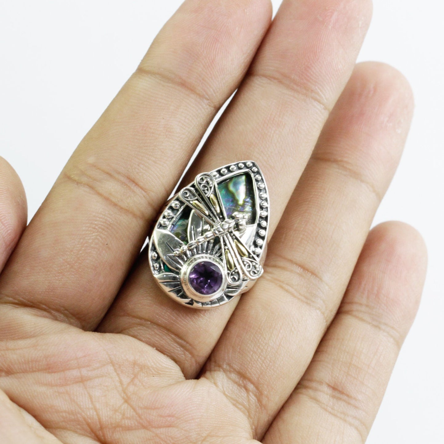 flower ring 925 sterling silver with 18K dragonfly ornament, genuine amethyst and abalone shell