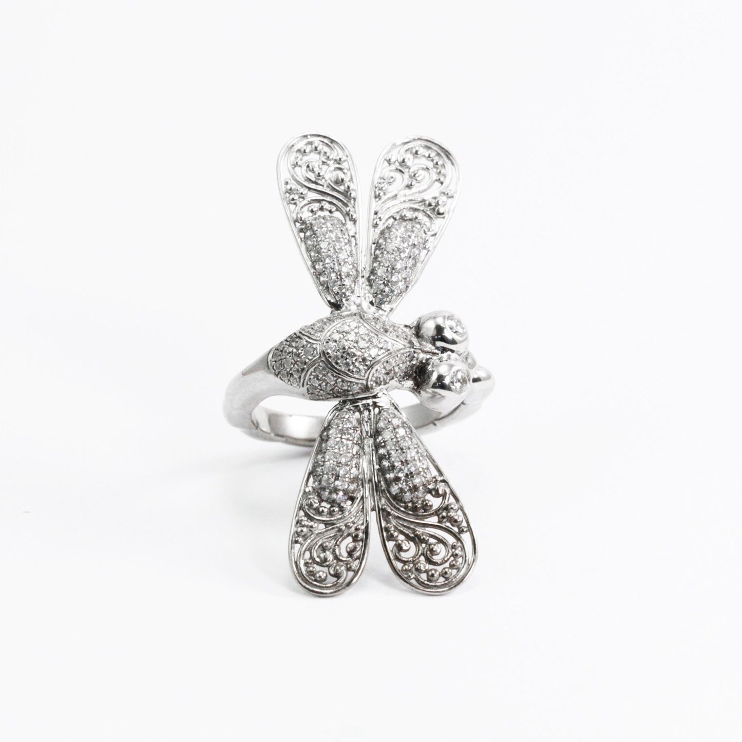 Dragonfly ring 925 sterling silver decorated with white crystal and filigree ornament
