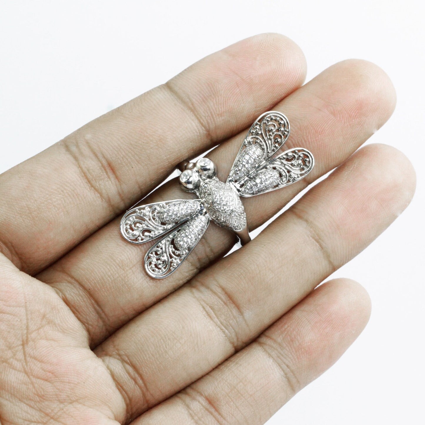 Dragonfly ring 925 sterling silver decorated with white crystal and filigree ornament