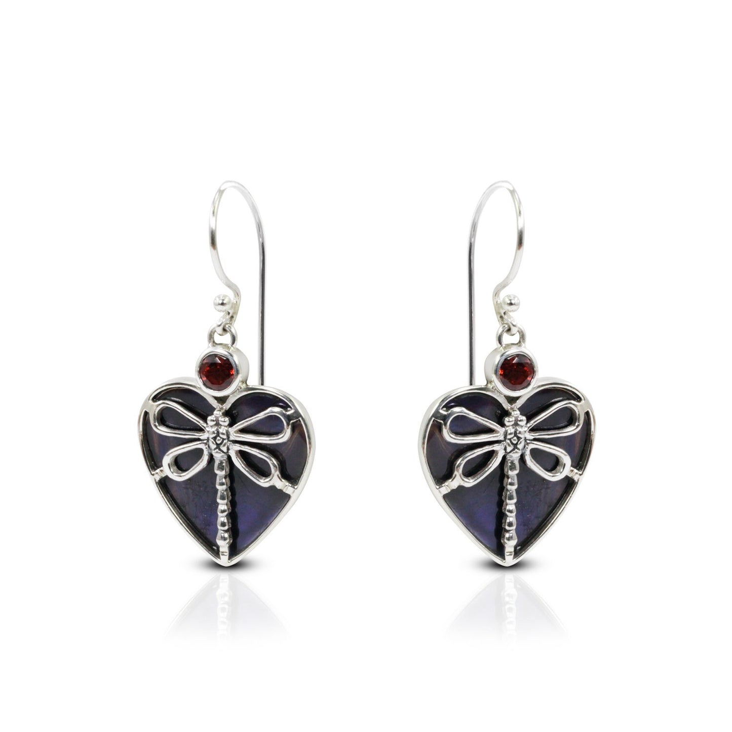 Dragonfly earrings 925 sterling silver with genuine garnet and black shell