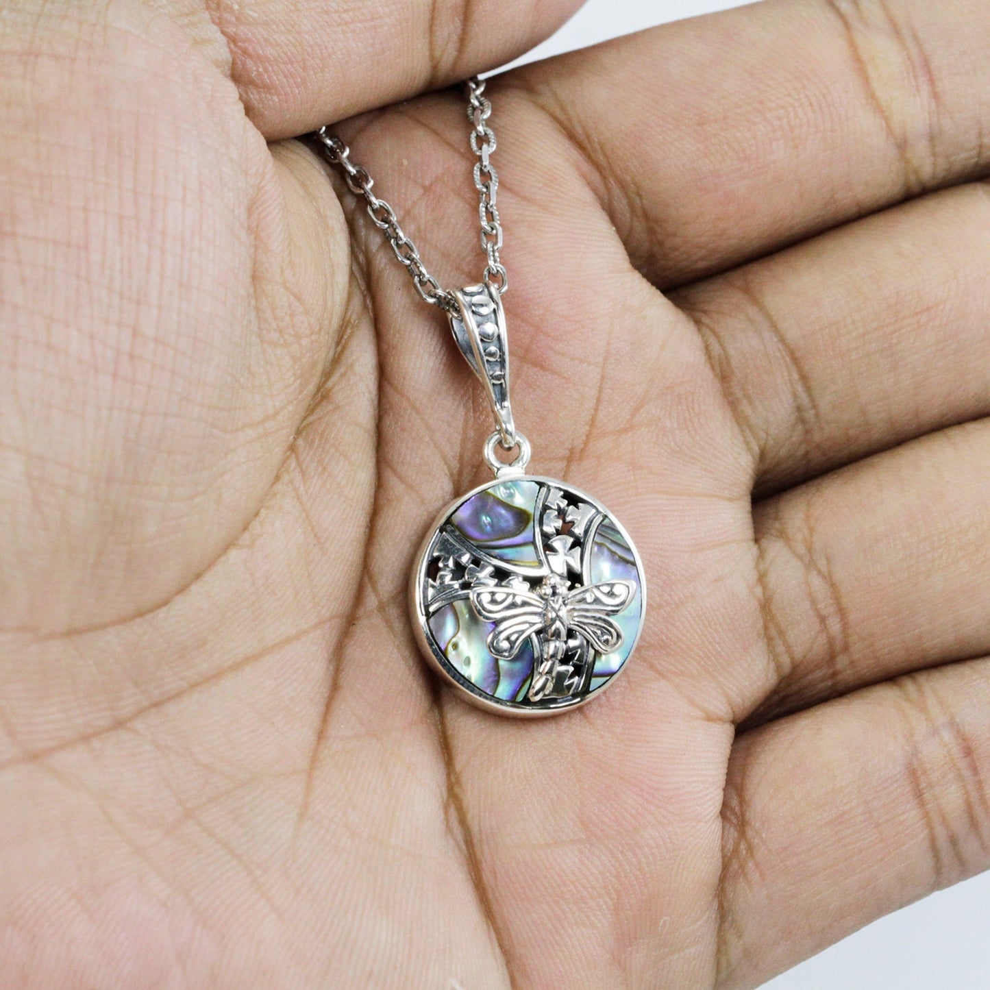abalone pendant necklace set in 925 sterling silver decorated with dragonfly ornament