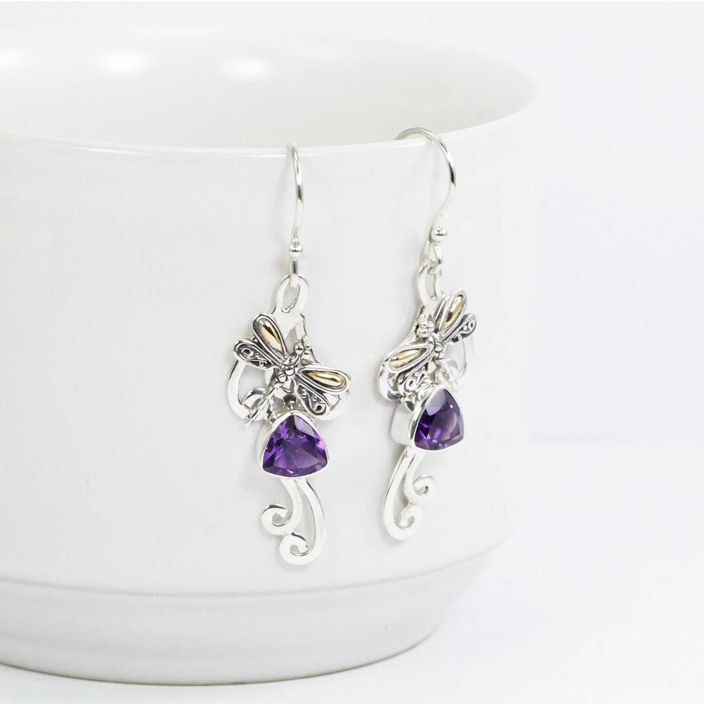 amethyst earrings dangle drop 925 sterling silver decorated with 18K yellow gold dragonfly ornament