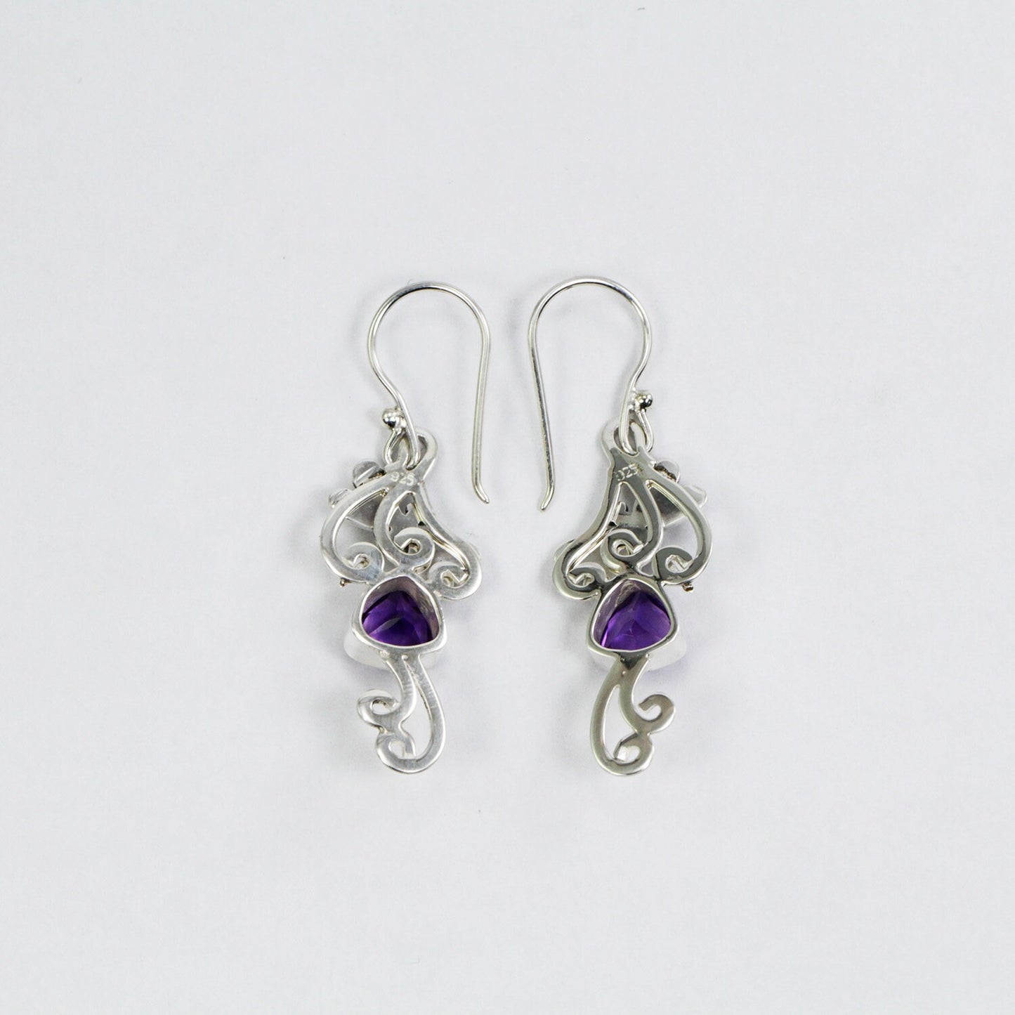 amethyst earrings dangle drop 925 sterling silver decorated with 18K yellow gold dragonfly ornament