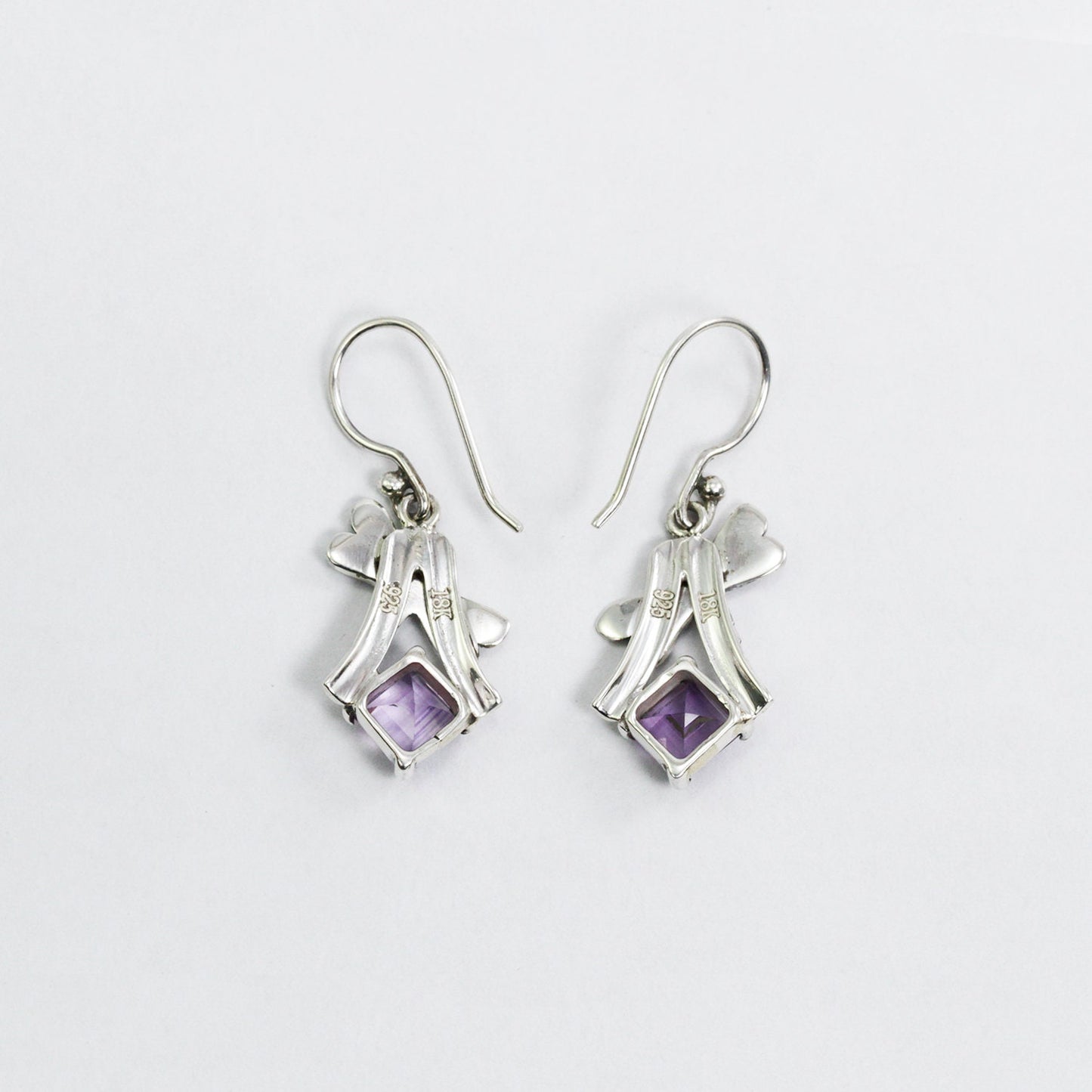 square amethyst earrings dangle drop 925 sterling silver decorated with 18K yellow gold dragonfly ornament