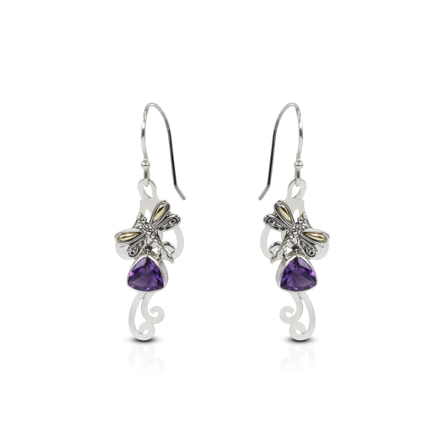 amethyst earrings dangle drop 925 sterling silver decorated with 18K yellow gold dragonfly ornament