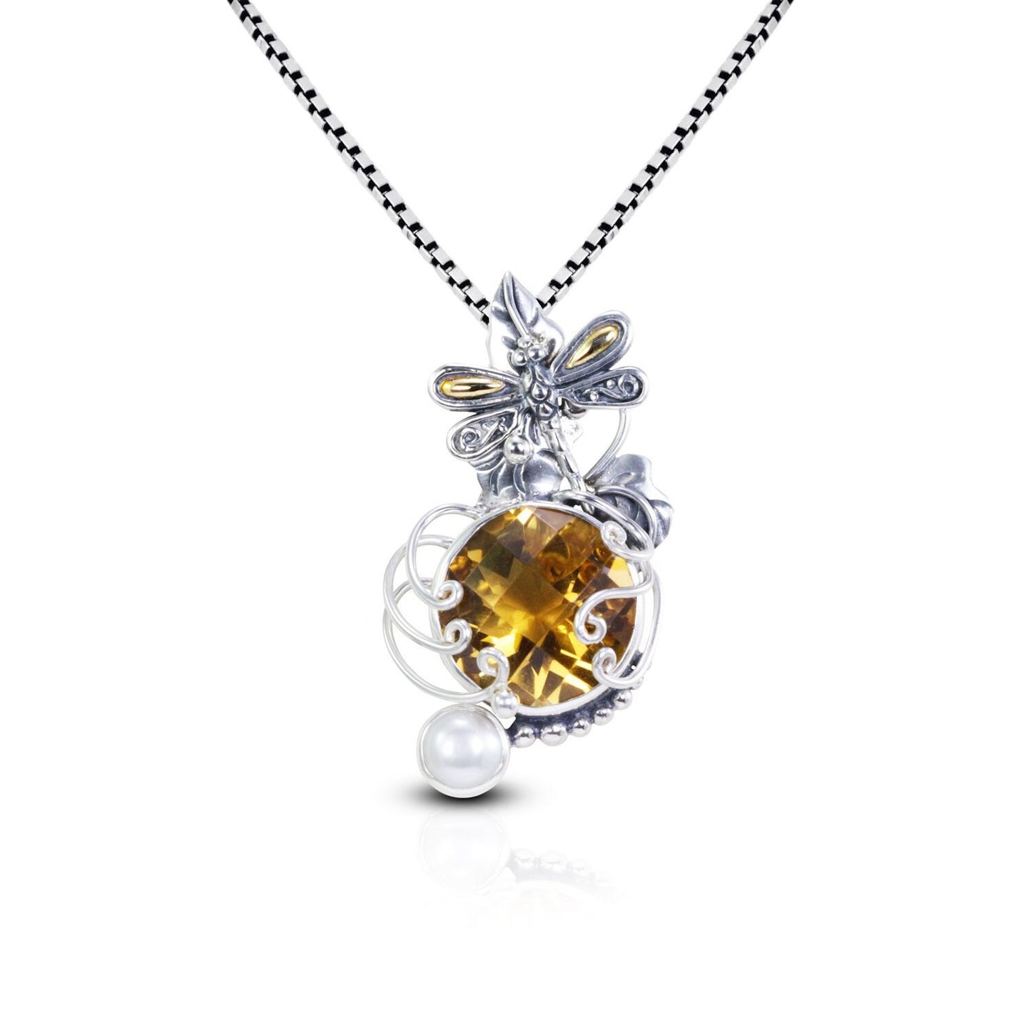 citrine necklace pendant dangle set in 925 sterling silver decorated with dragonfly and 18K yellow gold
