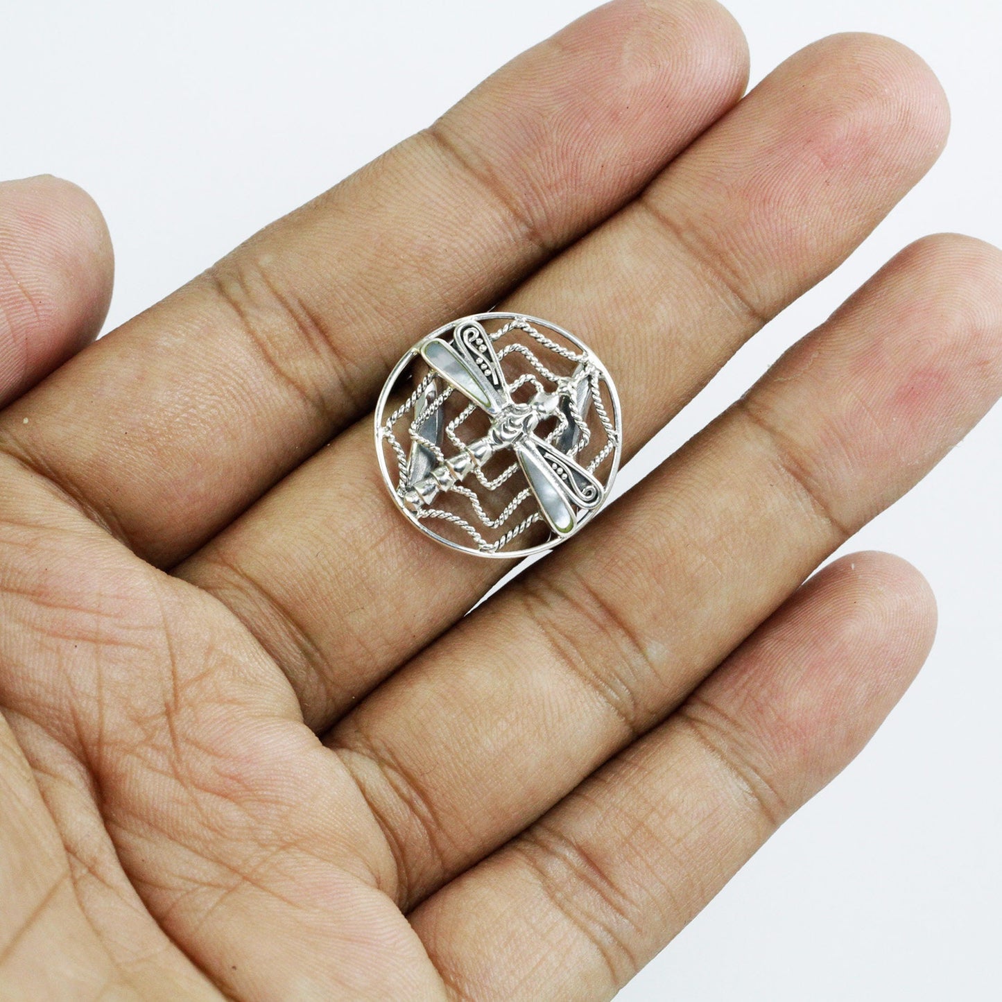 Spiderweb ring 925 sterling silver decorated with dragonfly ornament and white shell