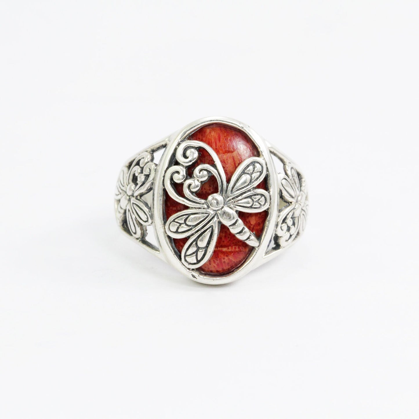 Dragonfly ring with genuine red coral decorated with dragonfly ornament