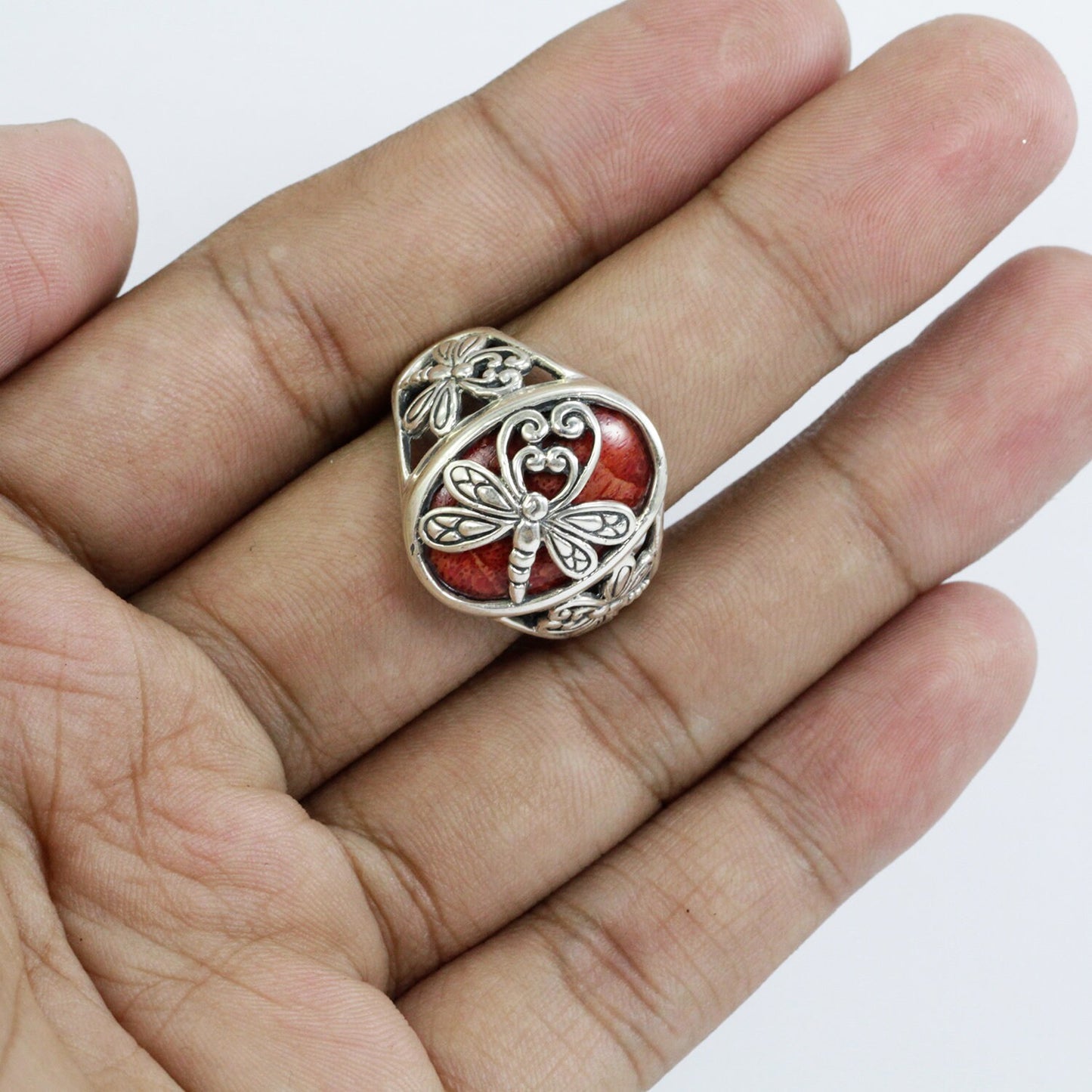 Dragonfly ring with genuine red coral decorated with dragonfly ornament