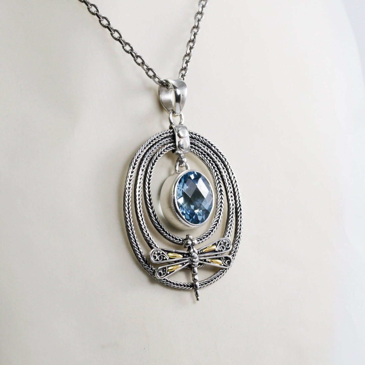 Blue topaz pendant necklace 925 sterling silver and 18K yellow gold dragonfly decorated with foxtail chain