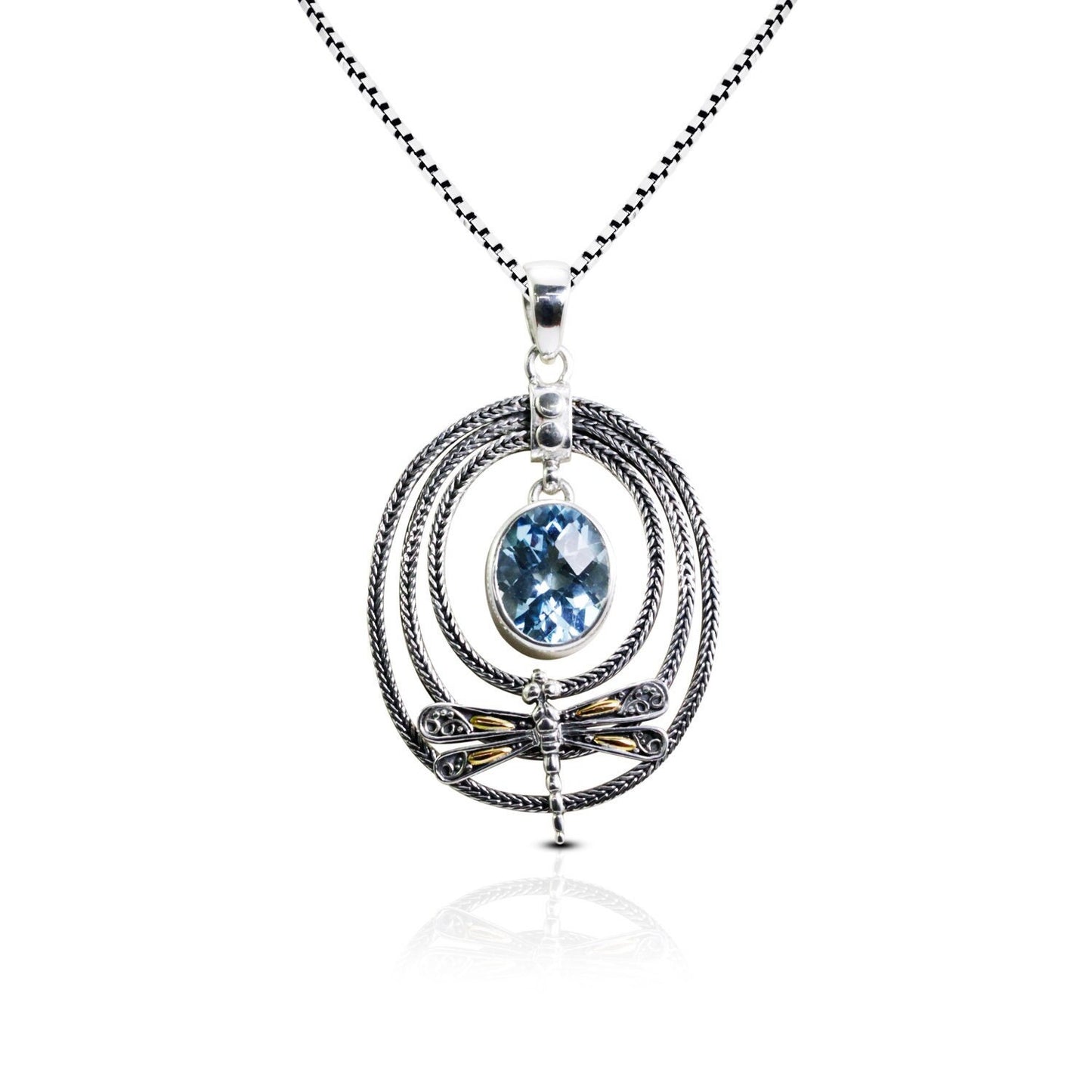 Blue topaz pendant necklace 925 sterling silver and 18K yellow gold dragonfly decorated with foxtail chain