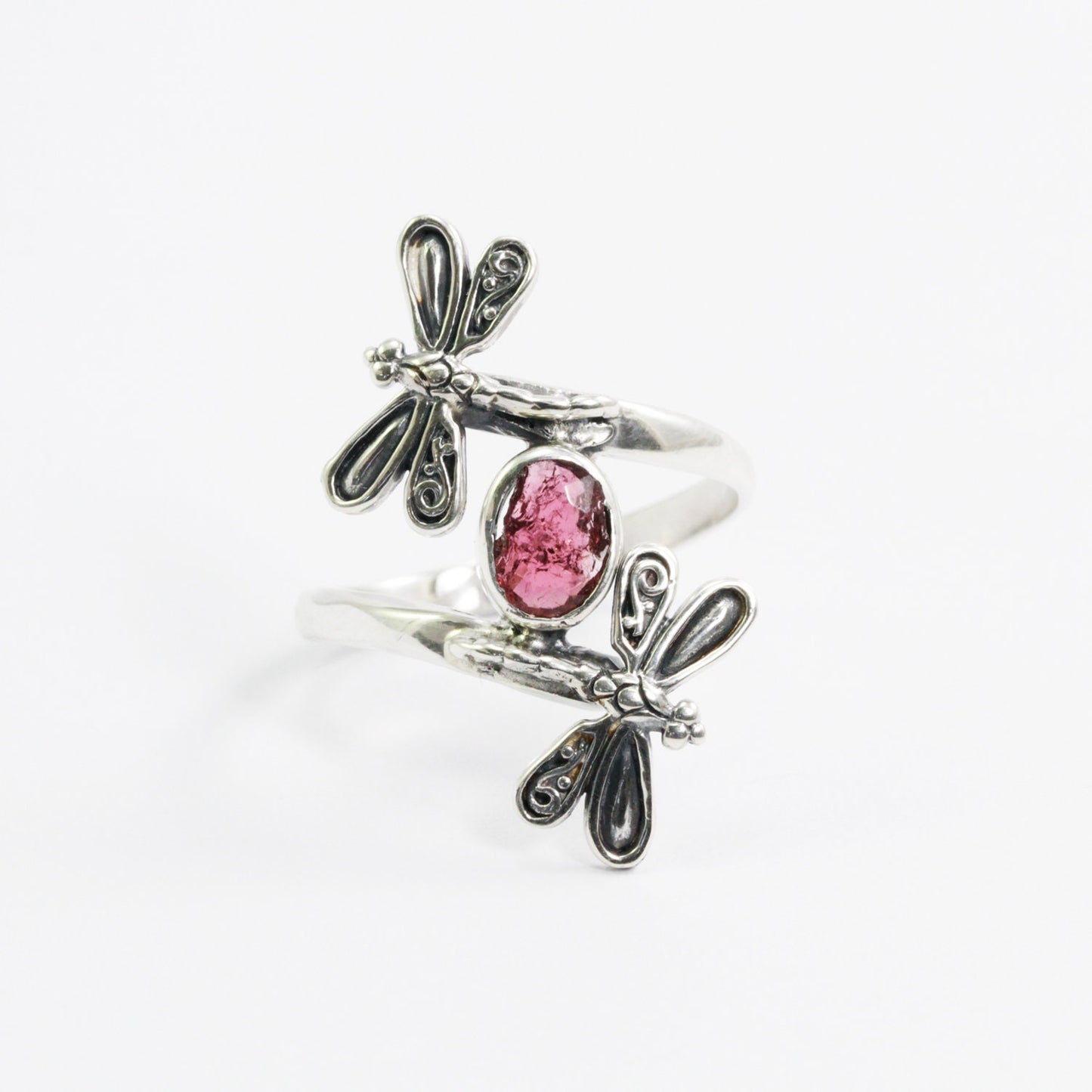 bypass ring 925 sterling silver with tourmaline and filigree dragonfly