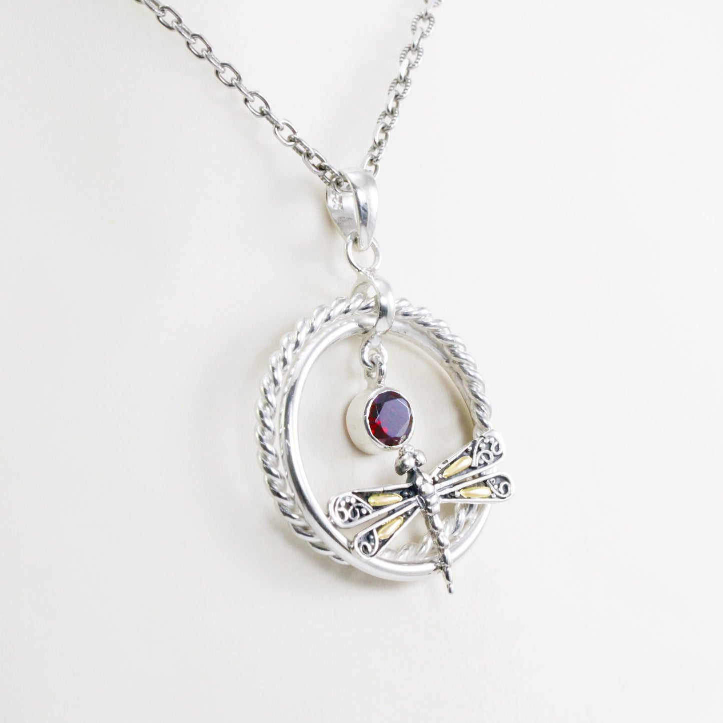 circle pendant 925 sterling silver and 18K yellow gold dragonfly with genuine red garnet