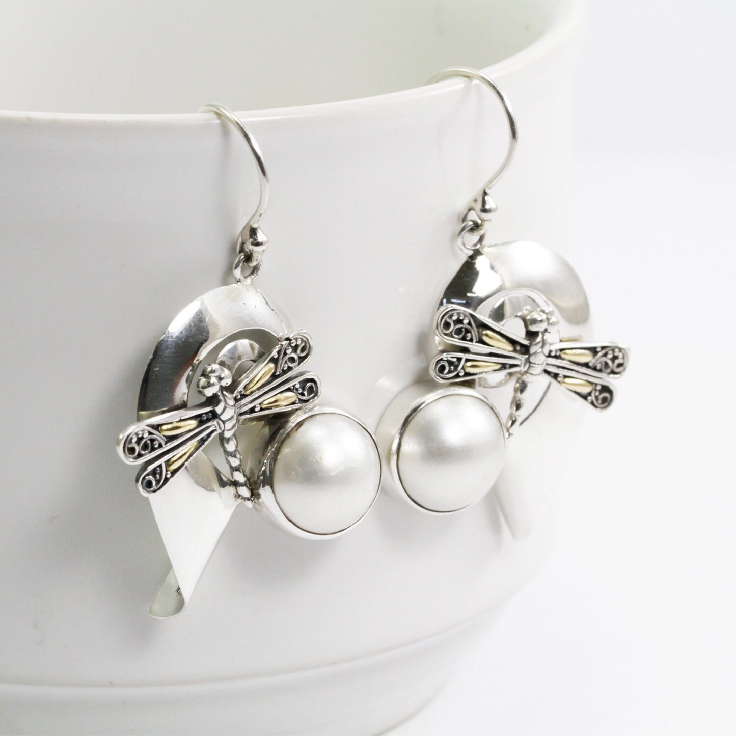 mabe pearl earrings dangle 925 sterling silver and 18K yellow gold dragonfly ornament