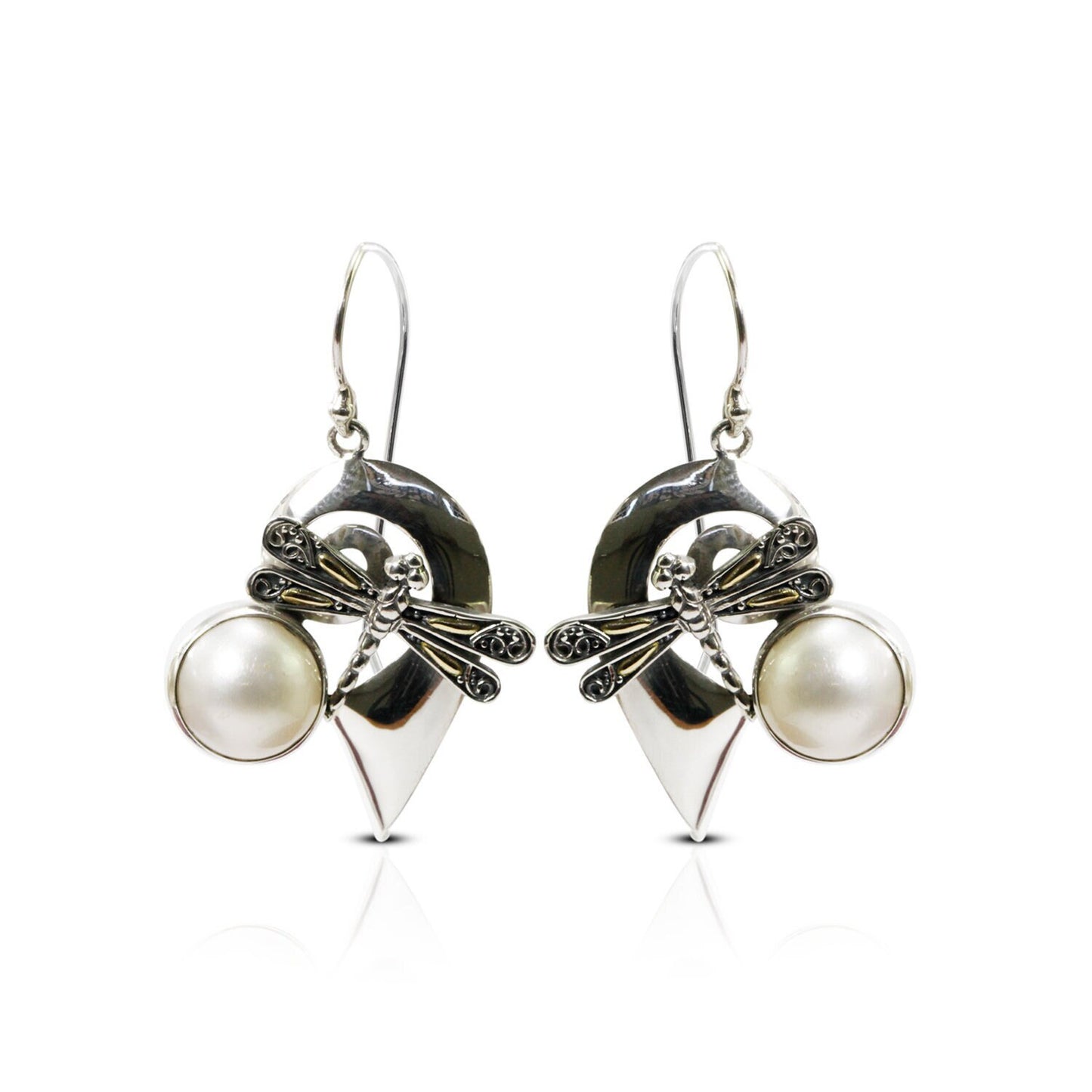 mabe pearl earrings dangle 925 sterling silver and 18K yellow gold dragonfly ornament