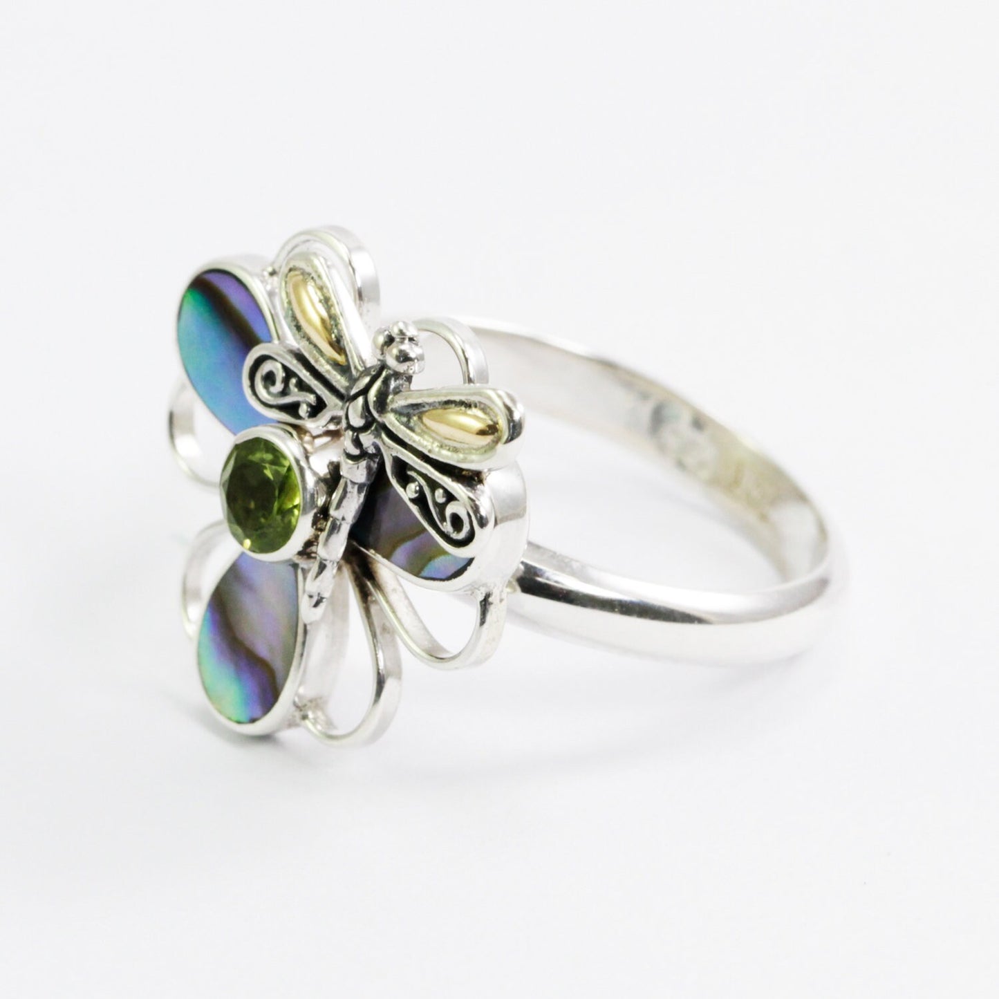 clover ring 925 sterling silver with 18K yellow gold dragonfly ornament, genuine peridot and abalone shell