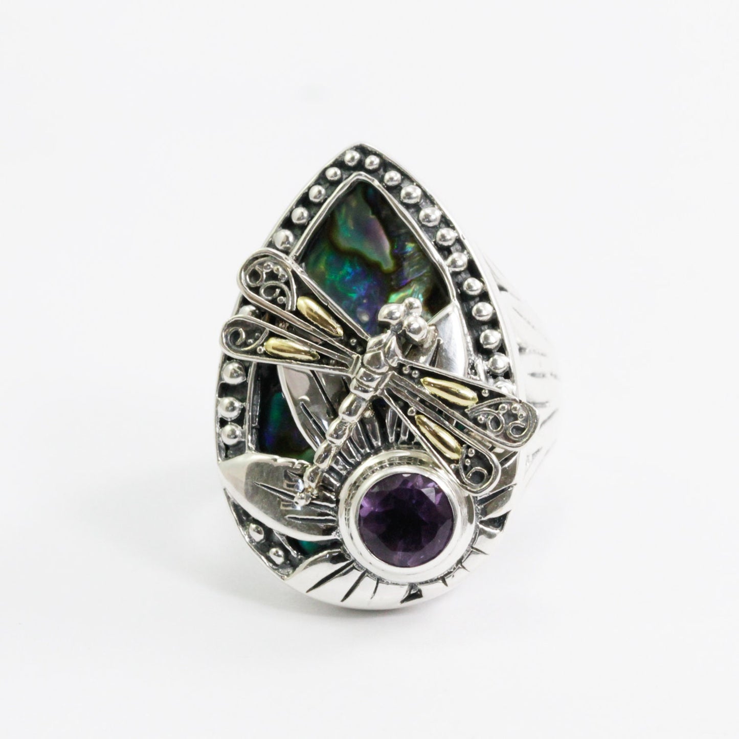 flower ring 925 sterling silver with 18K dragonfly ornament, genuine amethyst and abalone shell