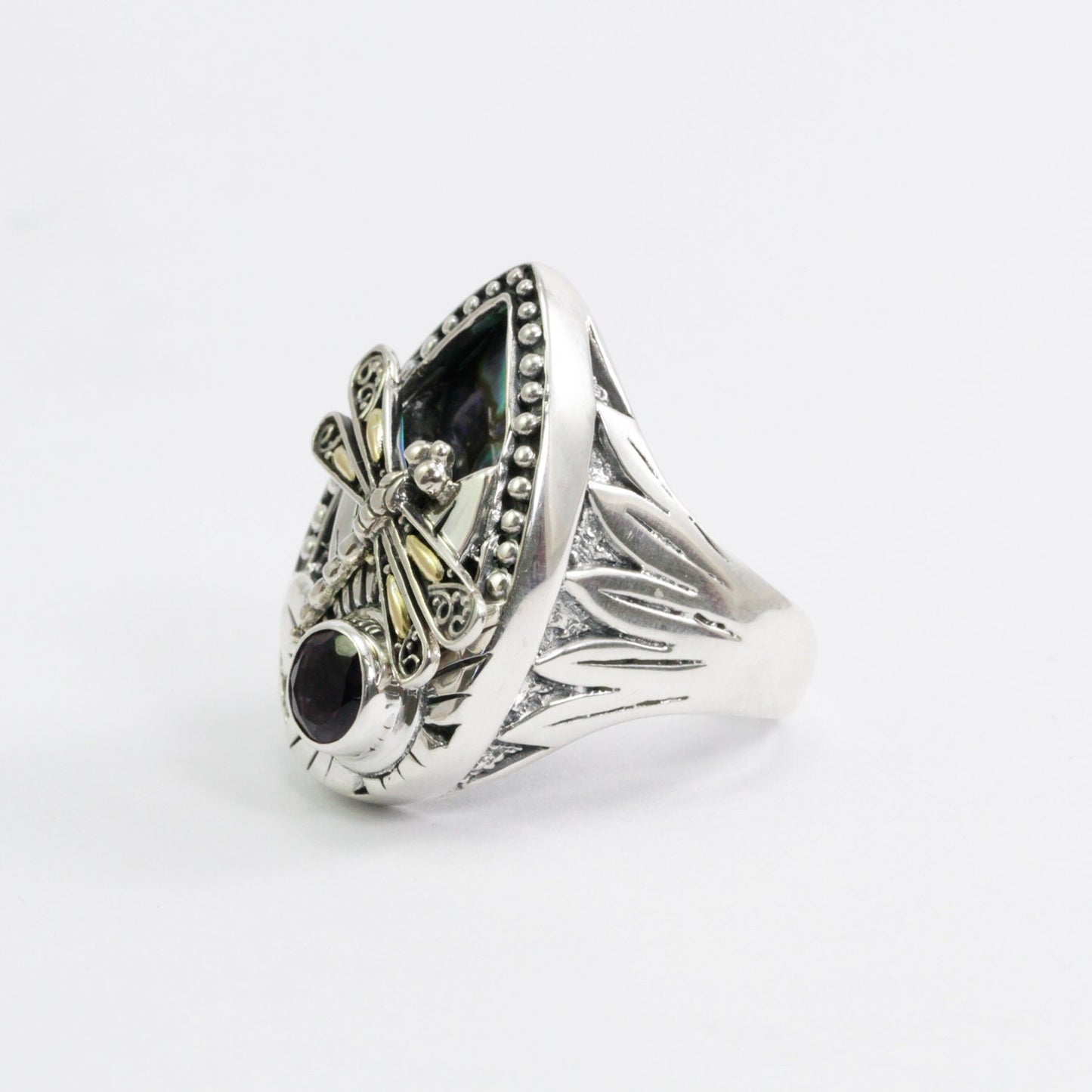 flower ring 925 sterling silver with 18K dragonfly ornament, genuine amethyst and abalone shell