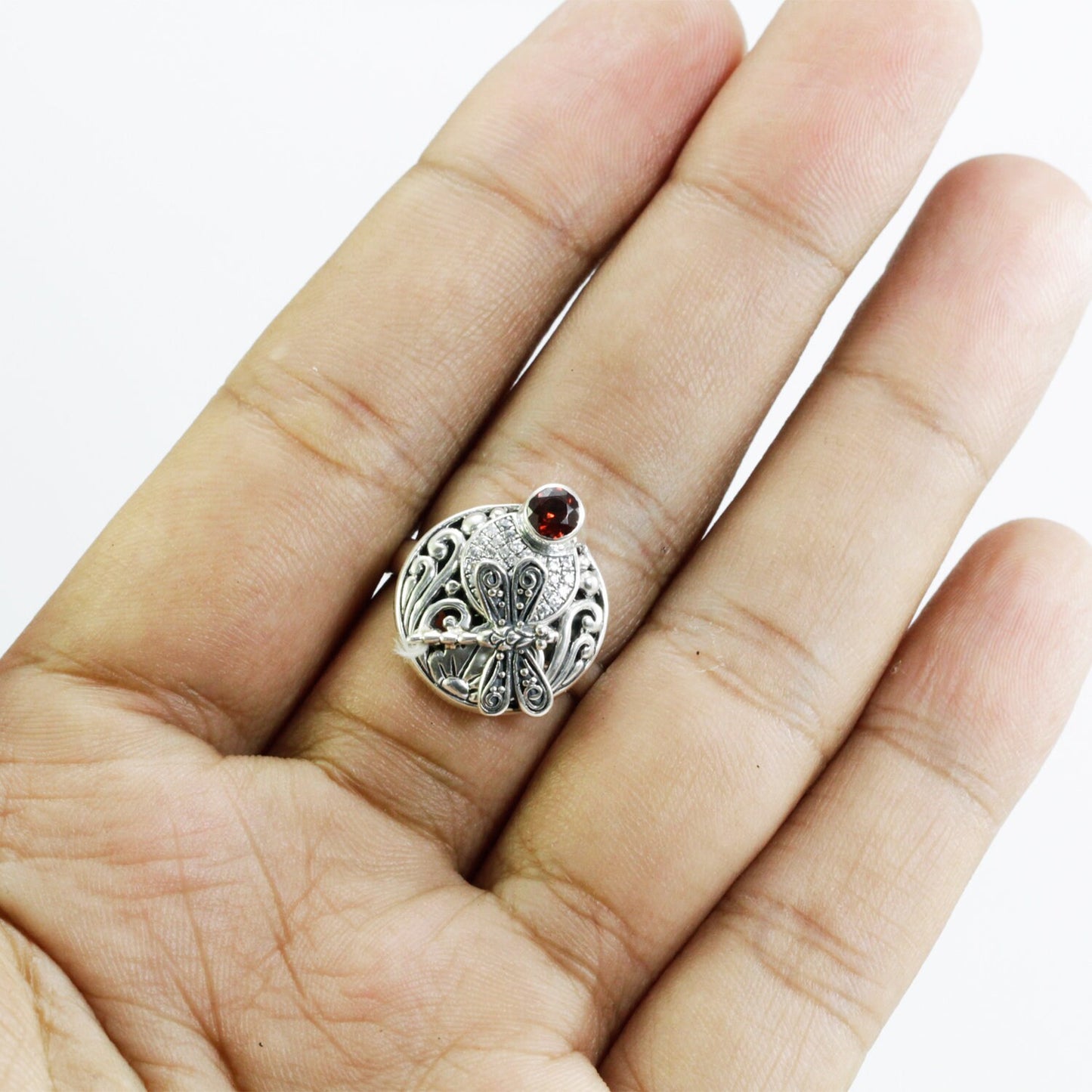 Circle ring 925 sterling silver with natural garnet decorated with dragonfly filigree ornament