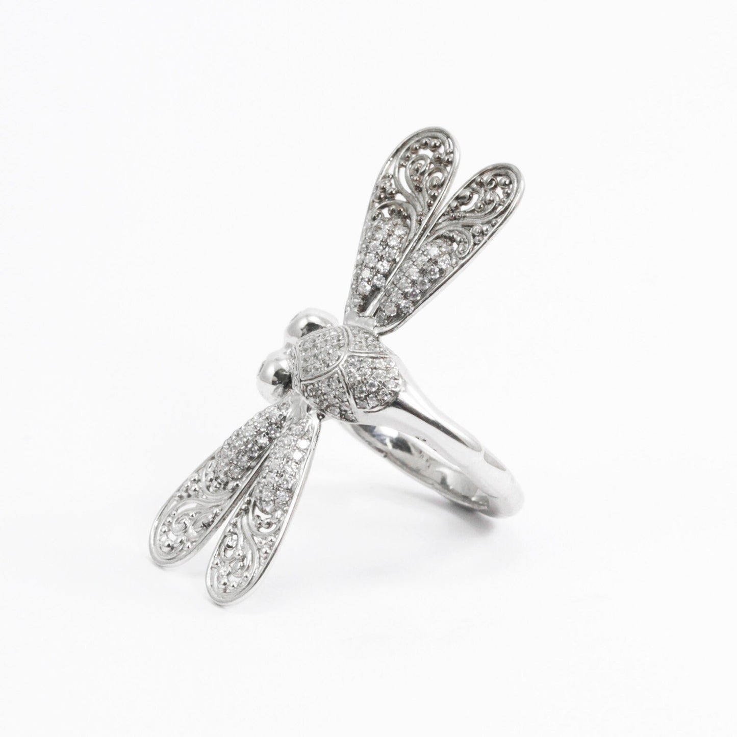 Dragonfly ring 925 sterling silver decorated with white crystal and filigree ornament