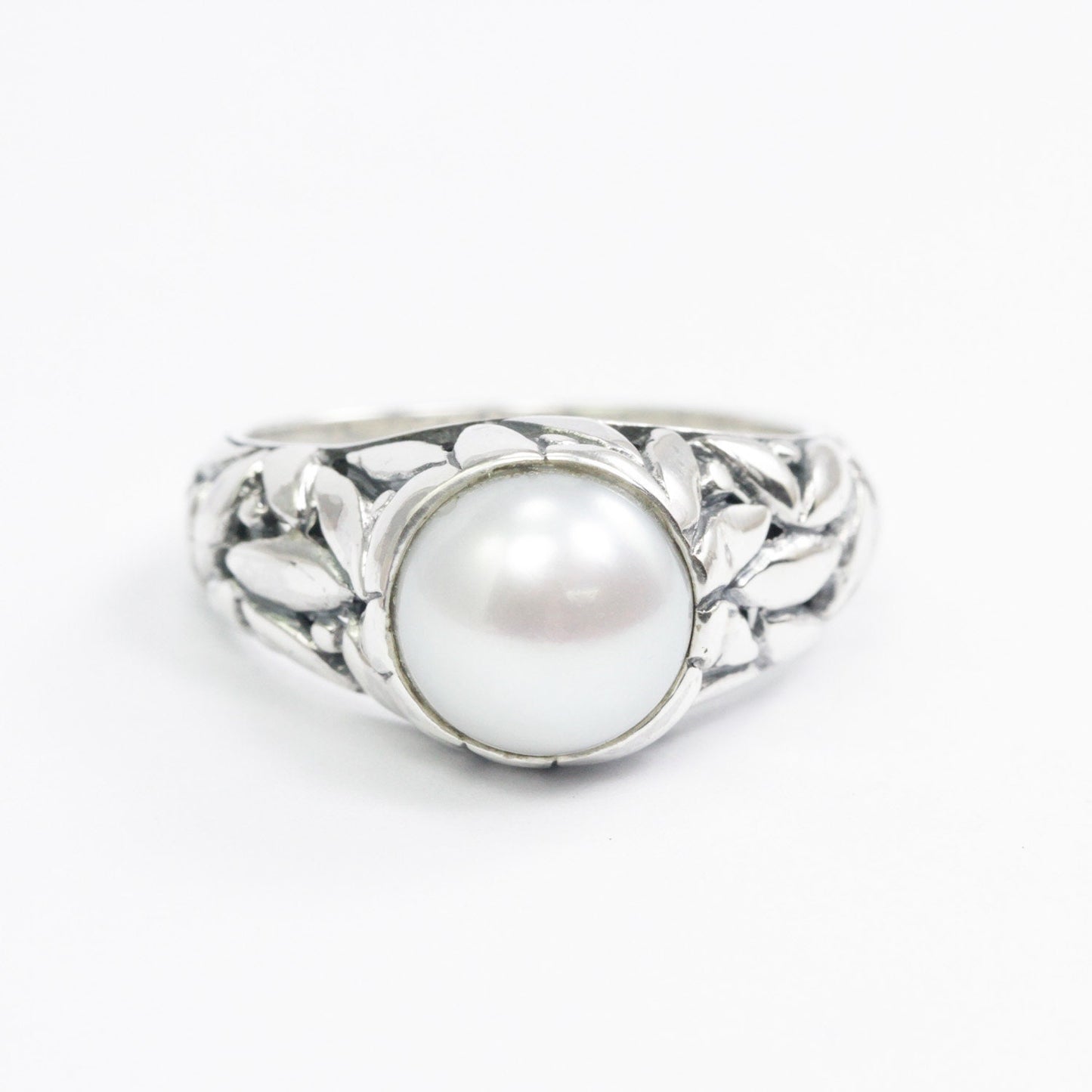 fresh water pearl ring 925 sterling silver 8 mm round pearl decorated with seed ornament