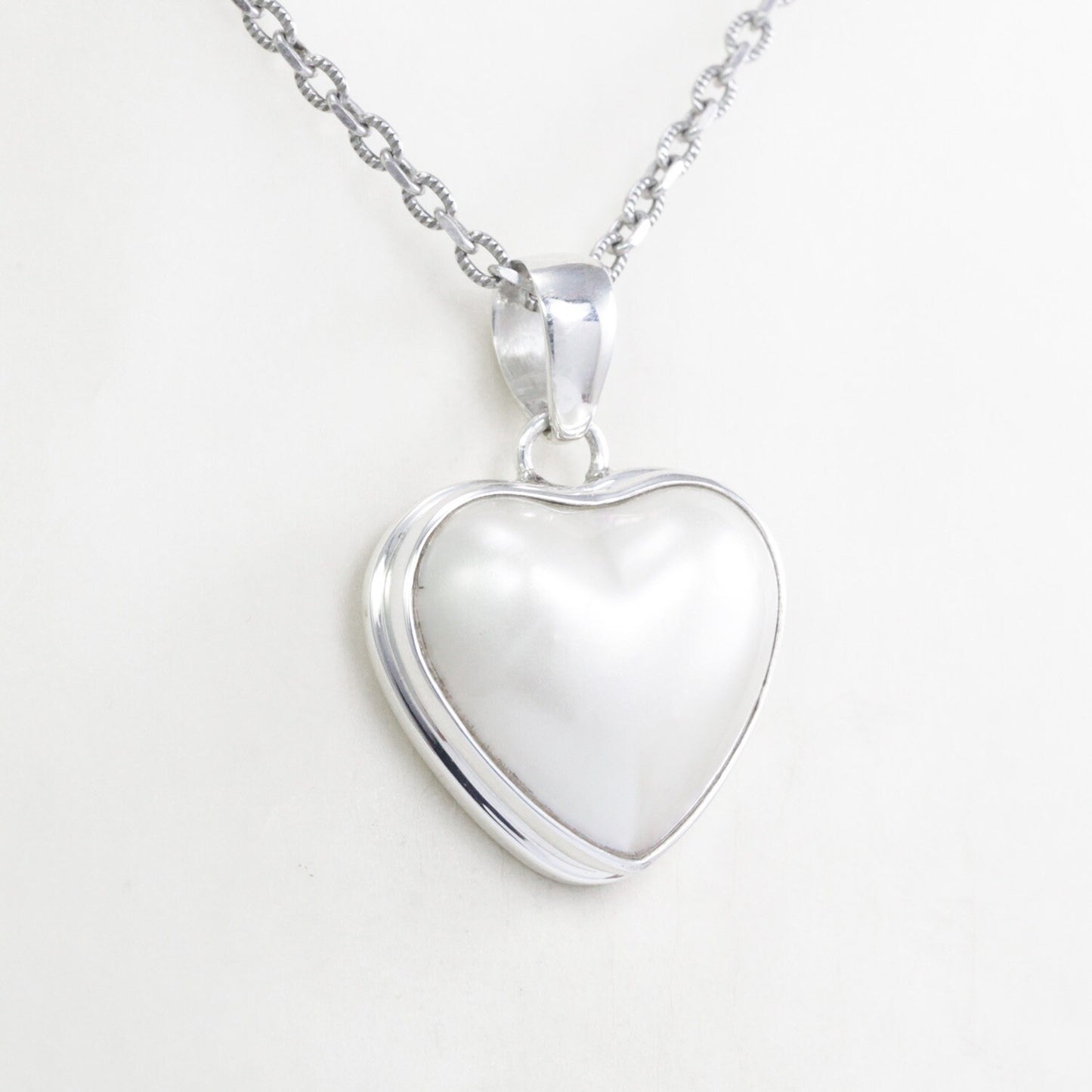 white mabe pearl pendant necklace heart shape set in 925 sterling silver bezel set