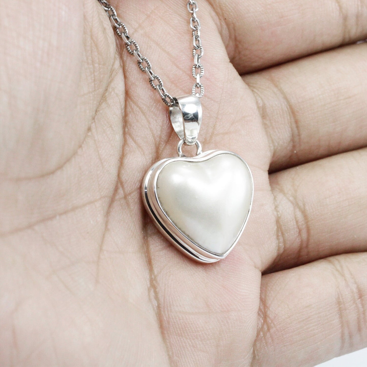 white mabe pearl pendant necklace heart shape set in 925 sterling silver bezel set