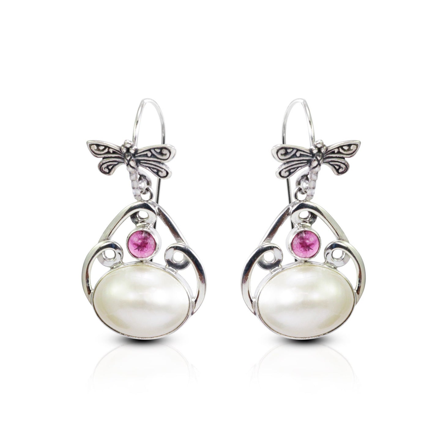 Beautiful dangle drop dragonfly earrings with genuine white mabe pearl and natural pink tourmaline,