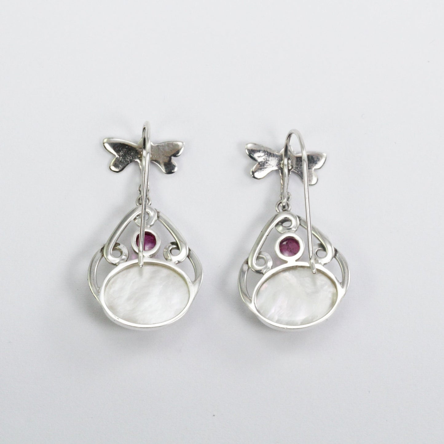 Beautiful dangle drop dragonfly earrings with genuine white mabe pearl and natural pink tourmaline,