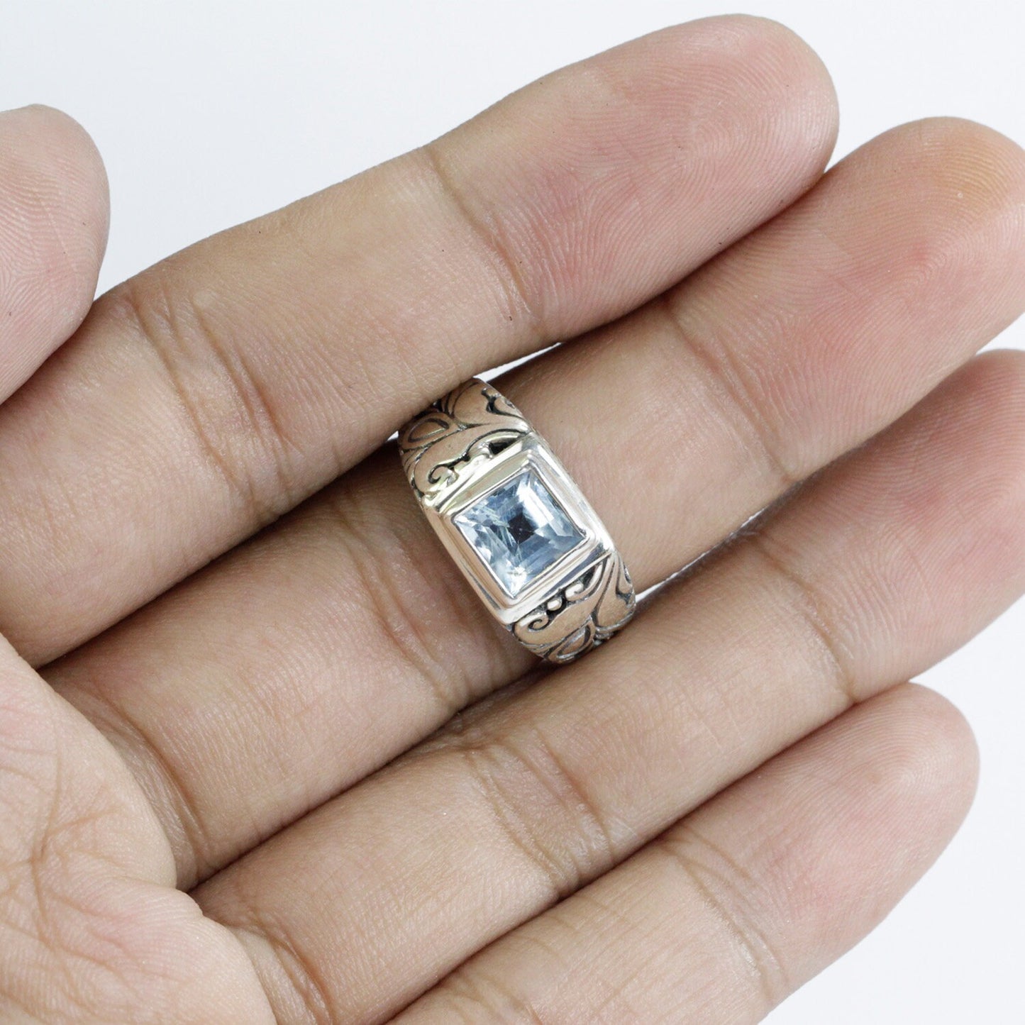 Blue topaz ring 925 sterling with filigree design